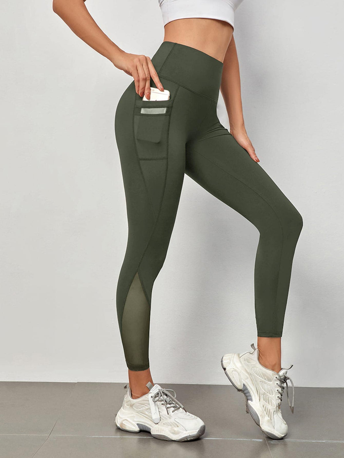 Mesh Panels Sports Leggings With Phone Pocket - Army Green / XL