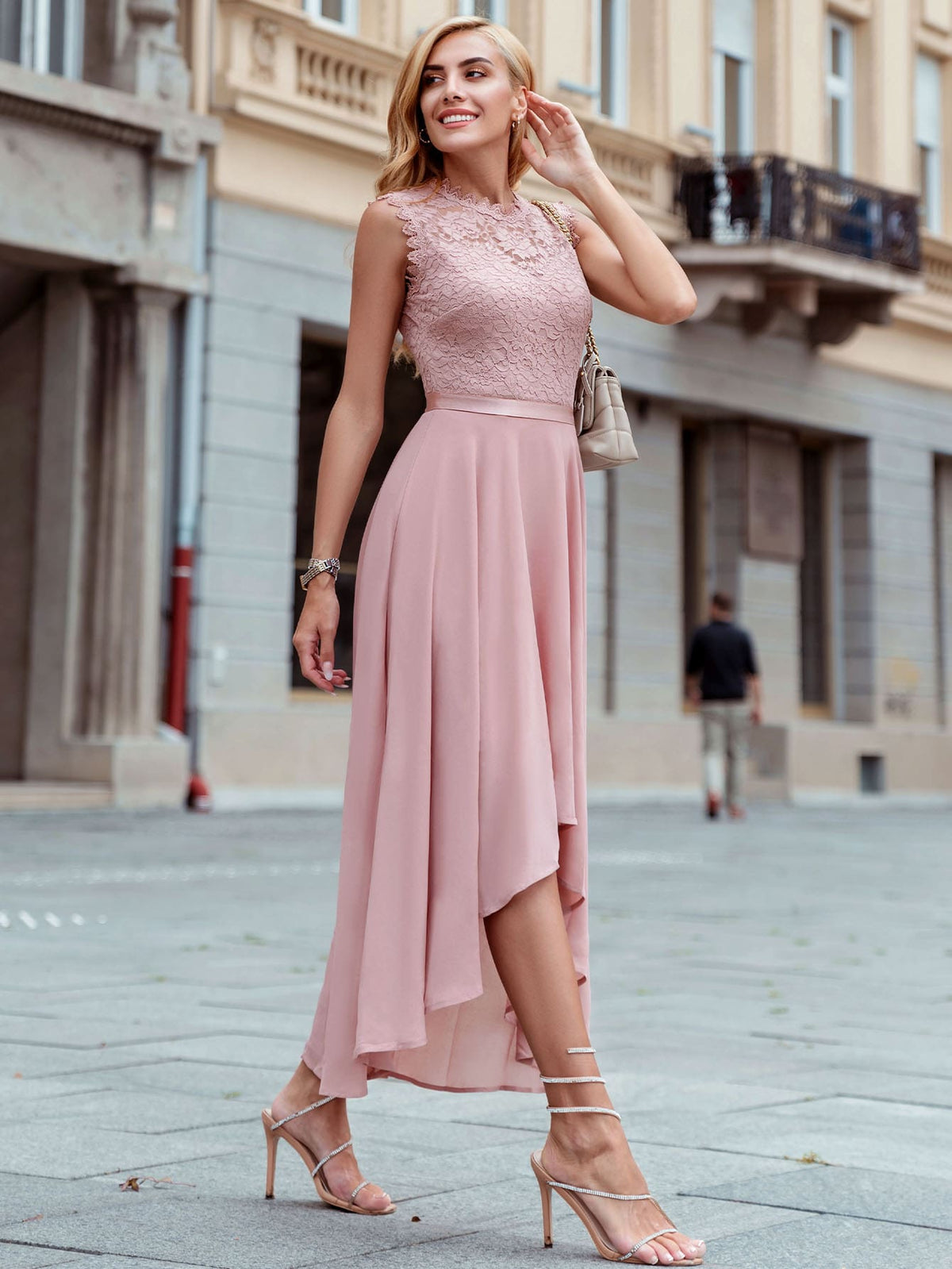 Chiffon Event Dress with Lace Contrast and High Low Hem