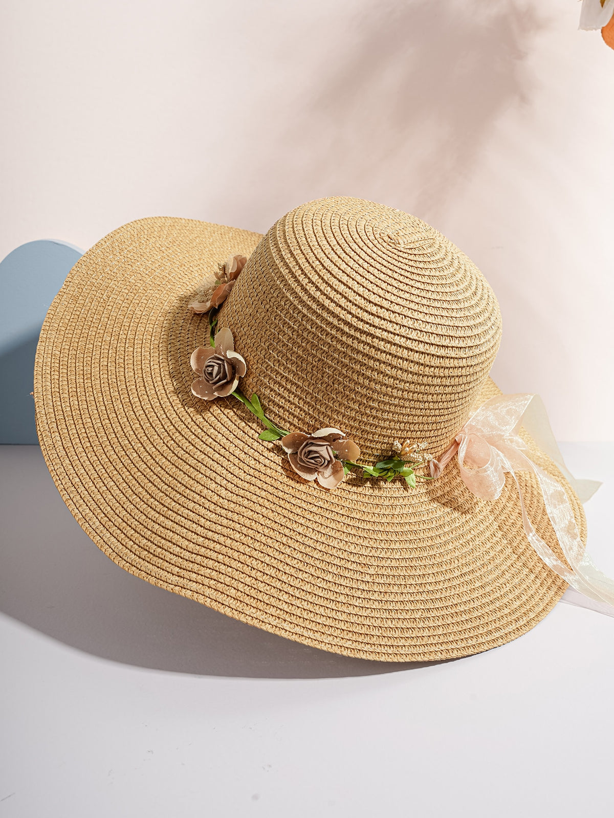 Straw Hat With Flowers - Khaki / one-size