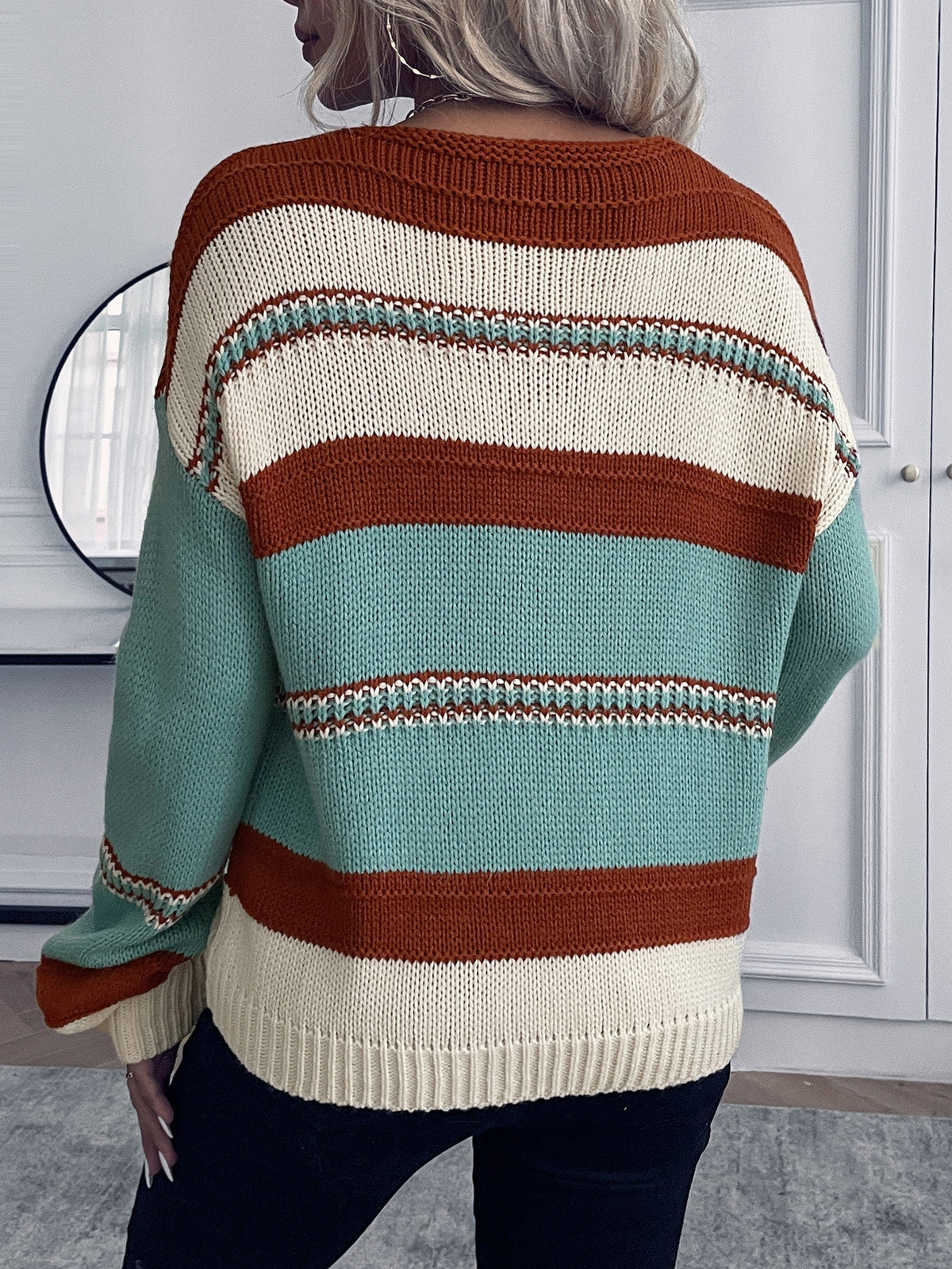 Striped Pattern Sweater with V Neck
