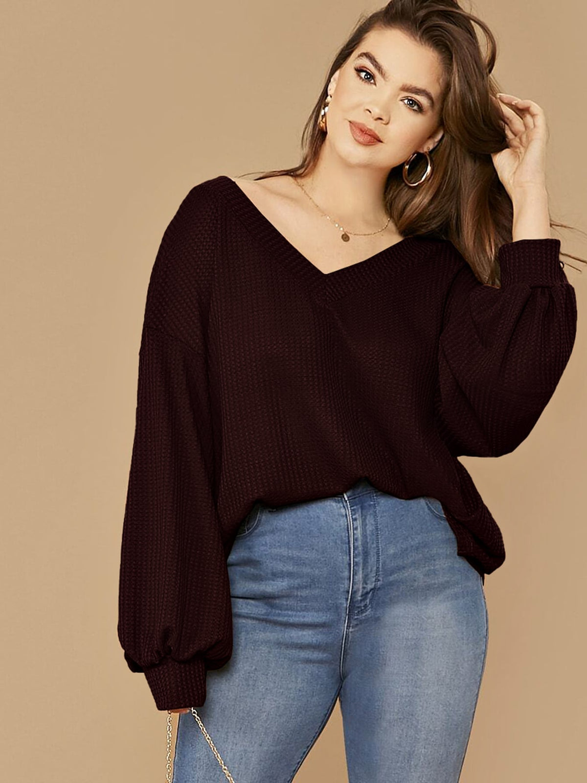 Plus Size Drop Shoulder Waffle Knit Top with Lantern Sleeve - Maroon / 4XL