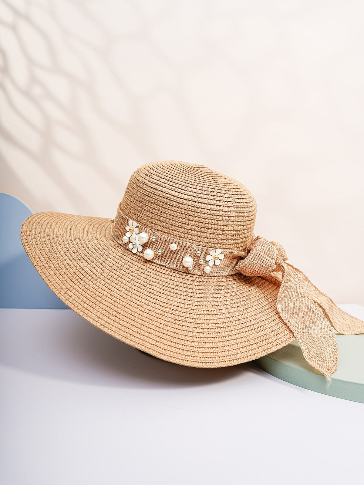 Straw Hat with Pretty Faux Pearl &amp; Flowers - Khaki / one-size