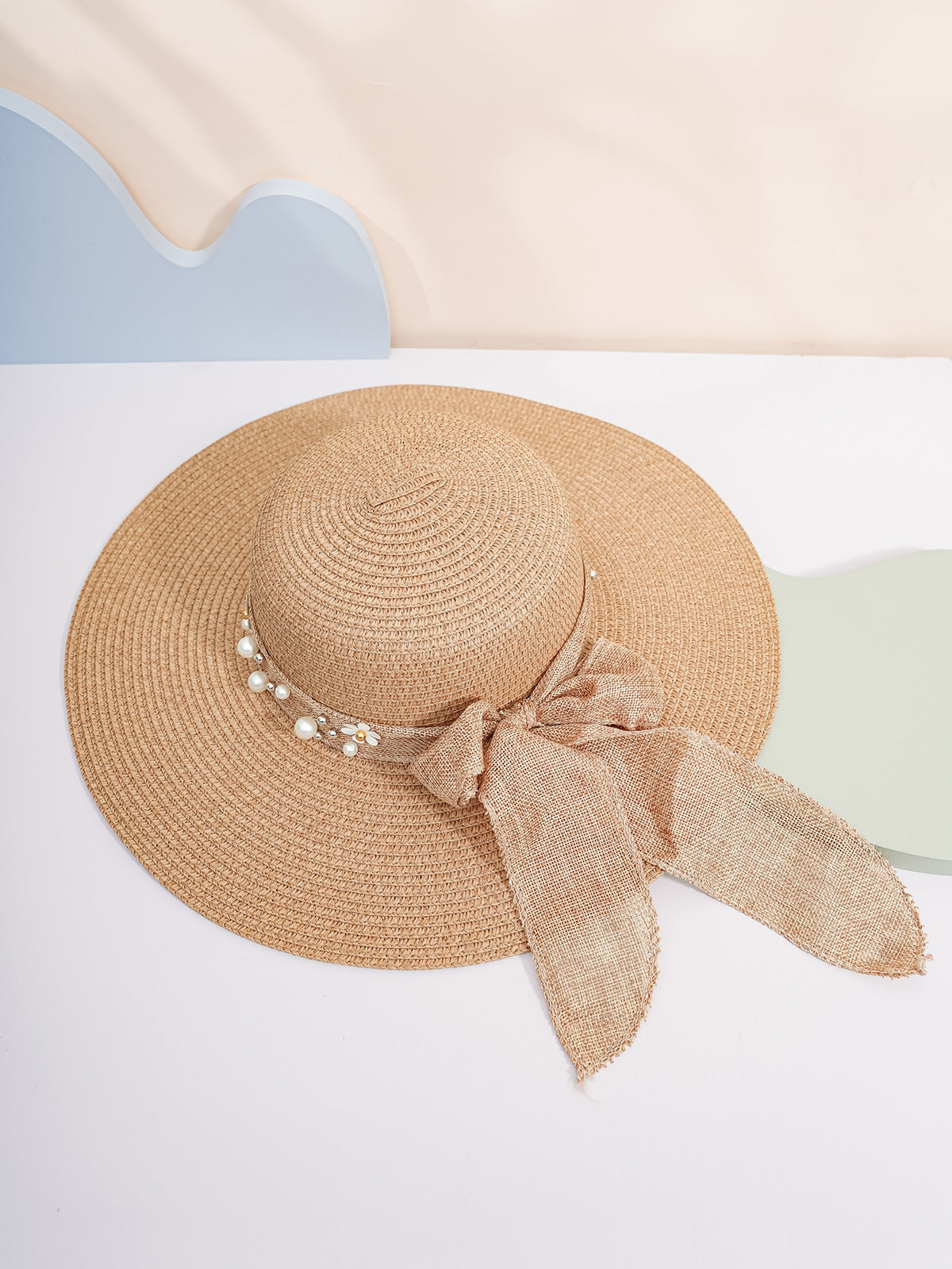 Straw Hat with Pretty Faux Pearl &amp; Flowers - 