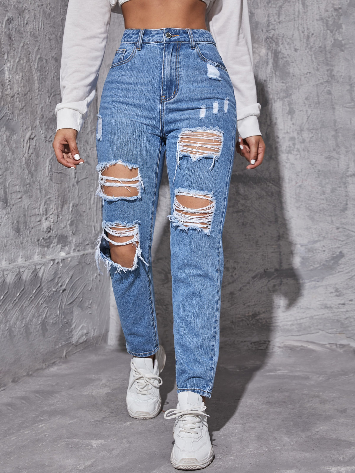 Tapered High Waist Jeans with Ripped Frayed