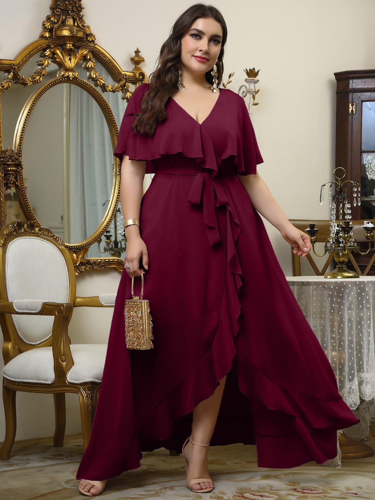 4XL] SHEIN CURVE - Burgundy Chiffon Dress, Women's Fashion