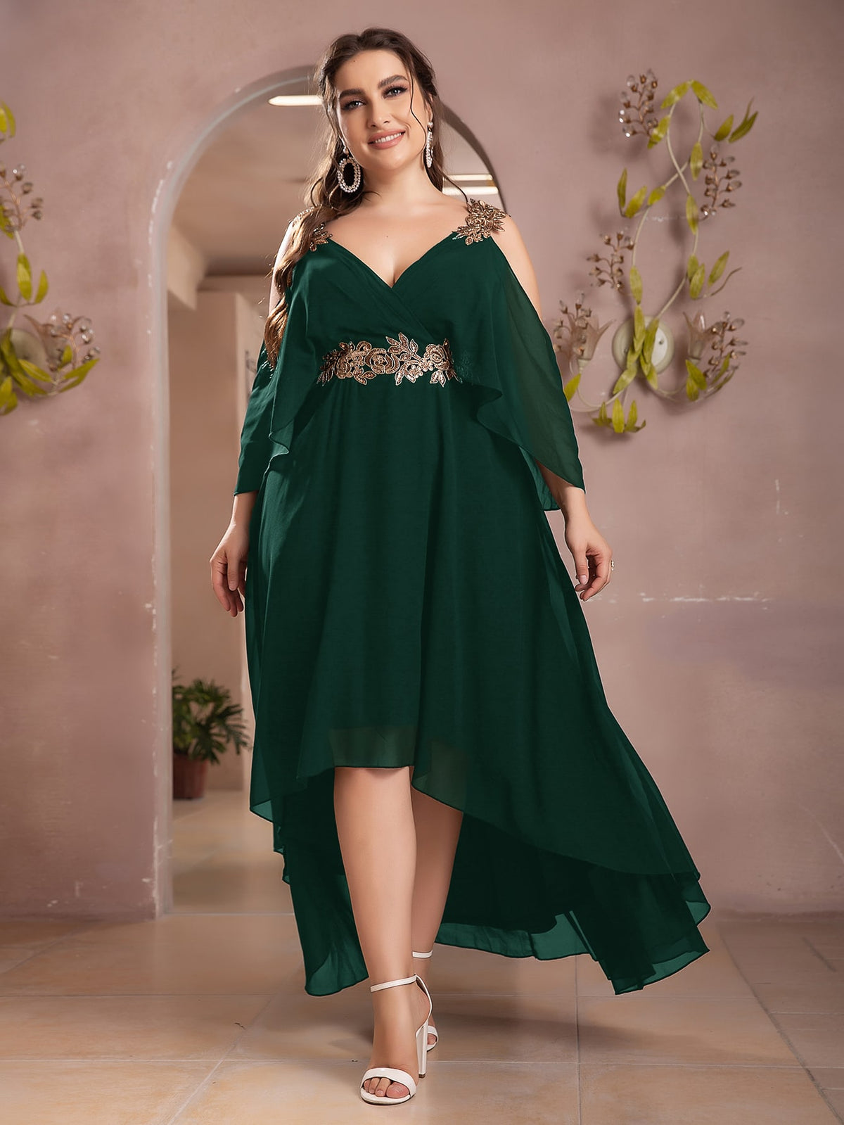 Plus Chiffon Dress with Sequin Applique - Dark Green / 5XL