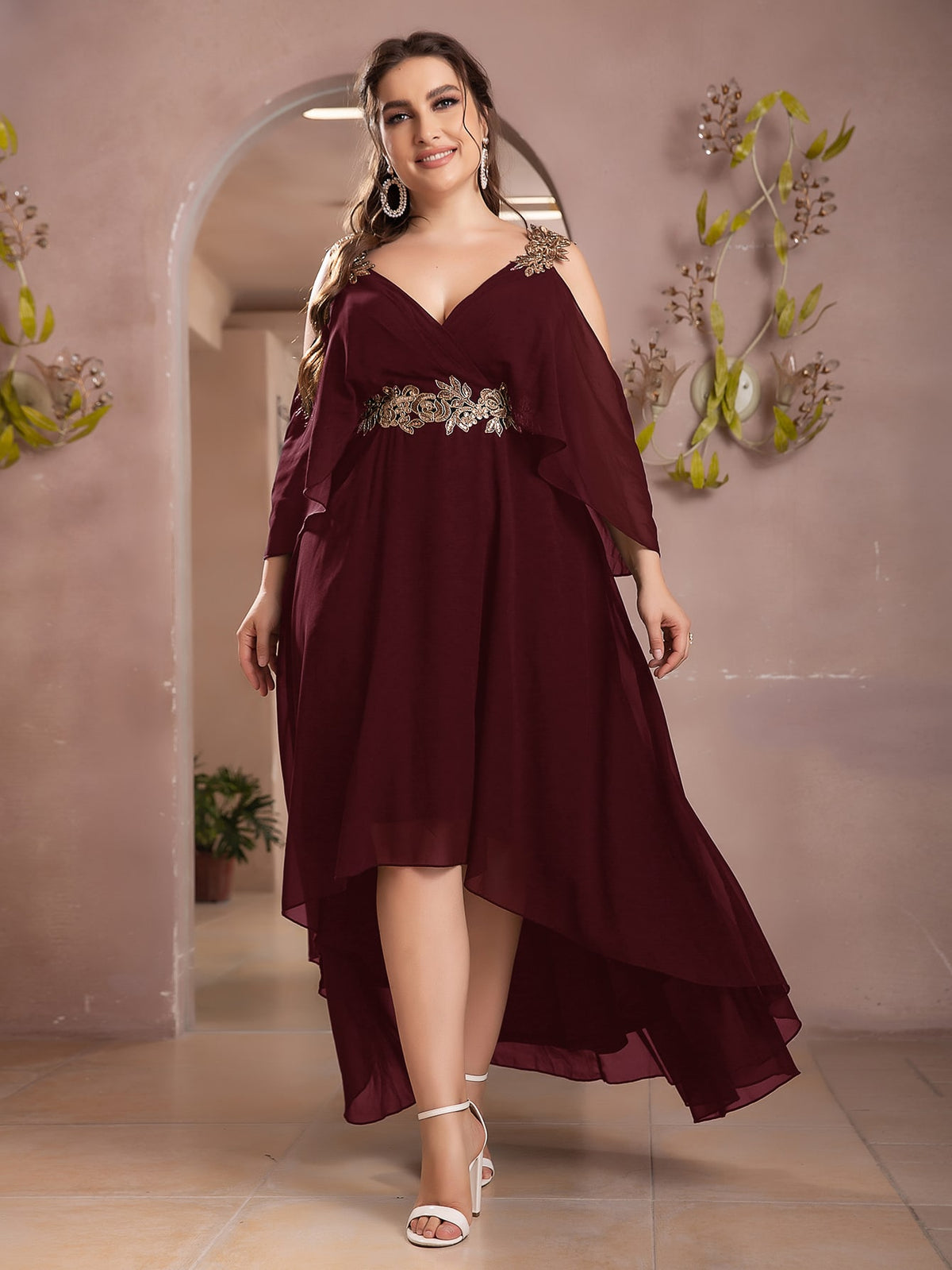 Plus Chiffon Dress with Sequin Applique - Burgundy / 5XL