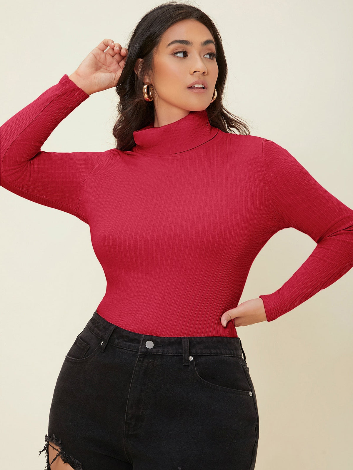 Plus Solid Color Turtleneck Ribbed Knit Tee - Rose Red / 4XL