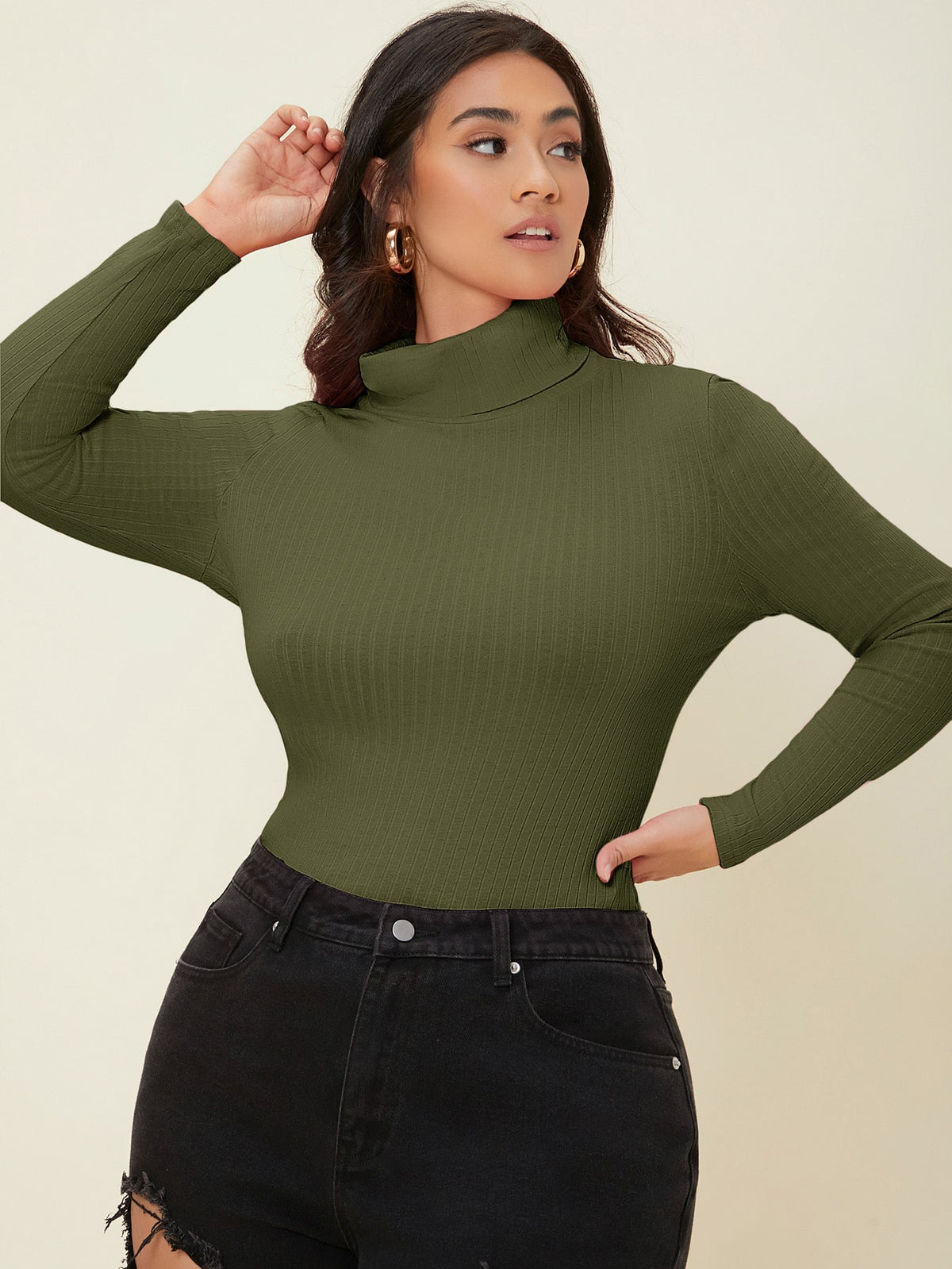 Plus Solid Color Turtleneck Ribbed Knit Tee - Army Green / 4XL