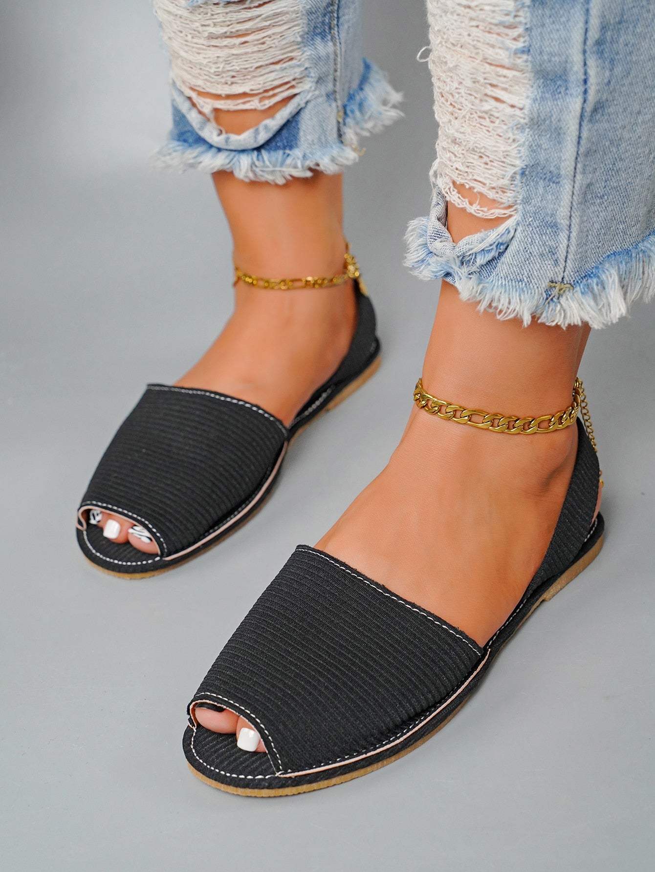 Bohemian flat peep toe casual date flat on sale sandals