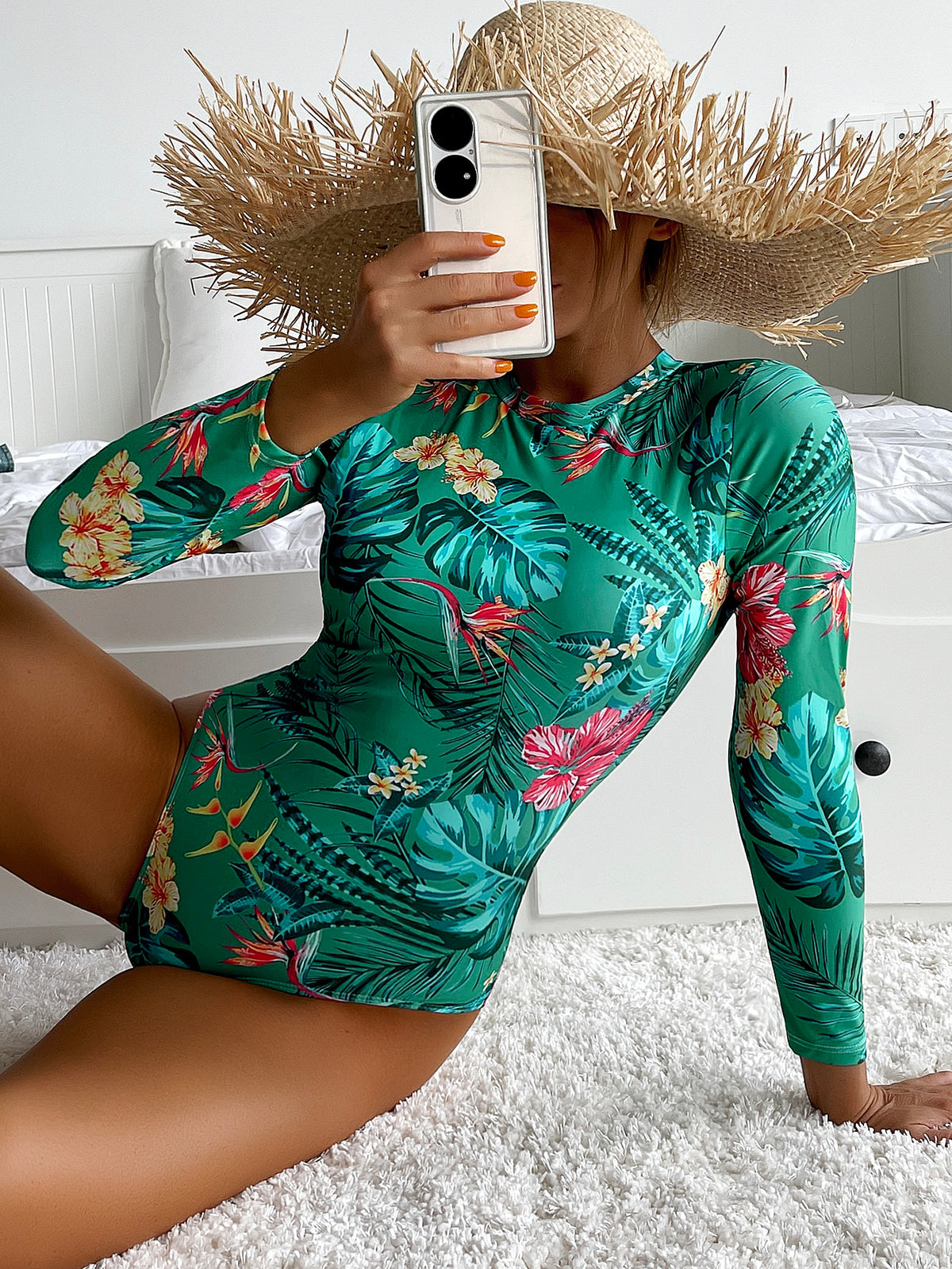 Tropical Print High Neck One Piece Swimsuit - Multicolor-3 / XL