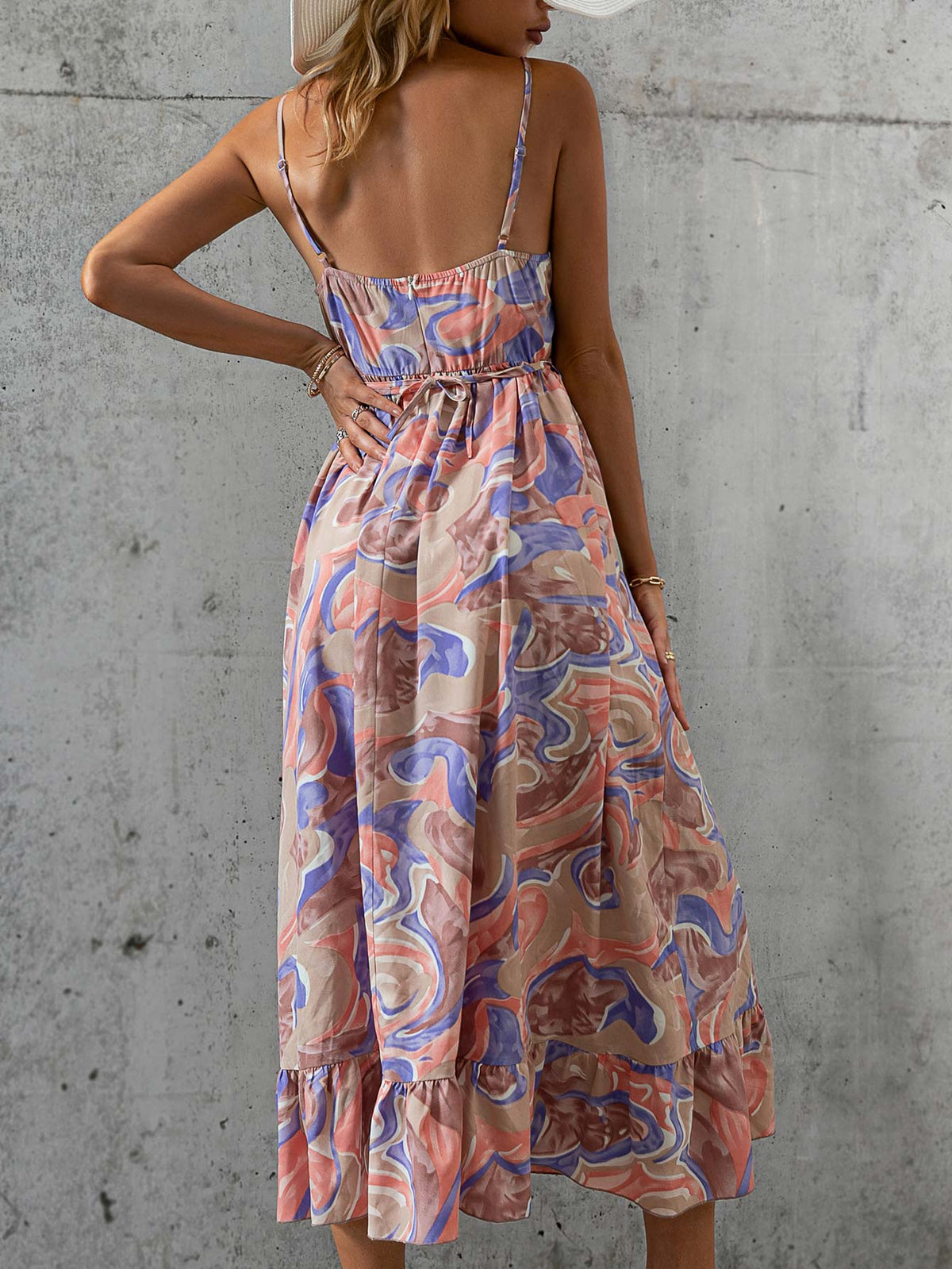 Belted Floral Cami Dress with Ruffle Hem - 