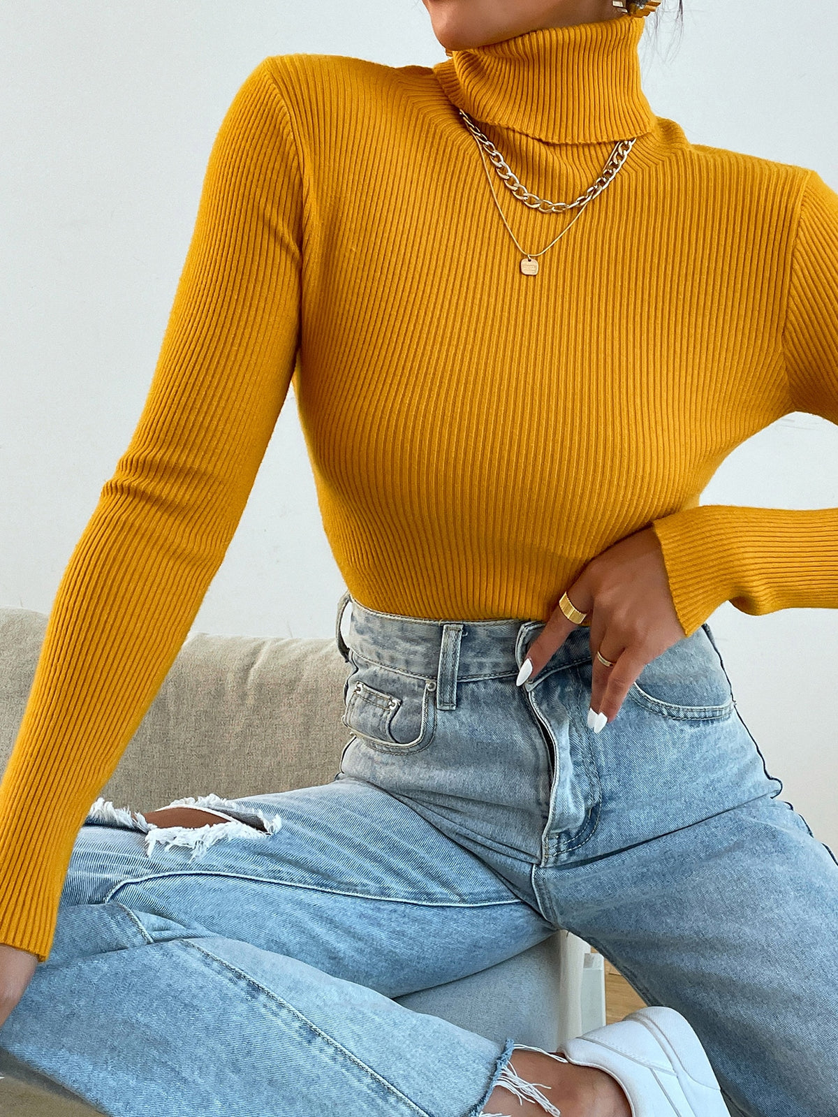 Turtleneck Long Sleeve Ribbed Knit Sweater - Mustard Yellow / XL