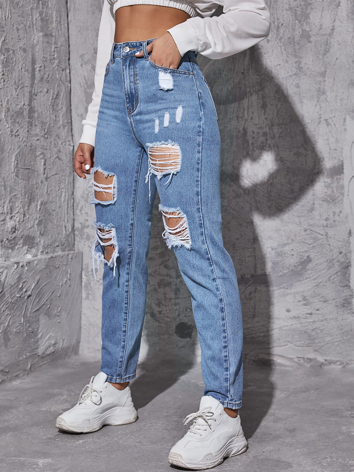 Tapered High Waist Jeans with Ripped Frayed