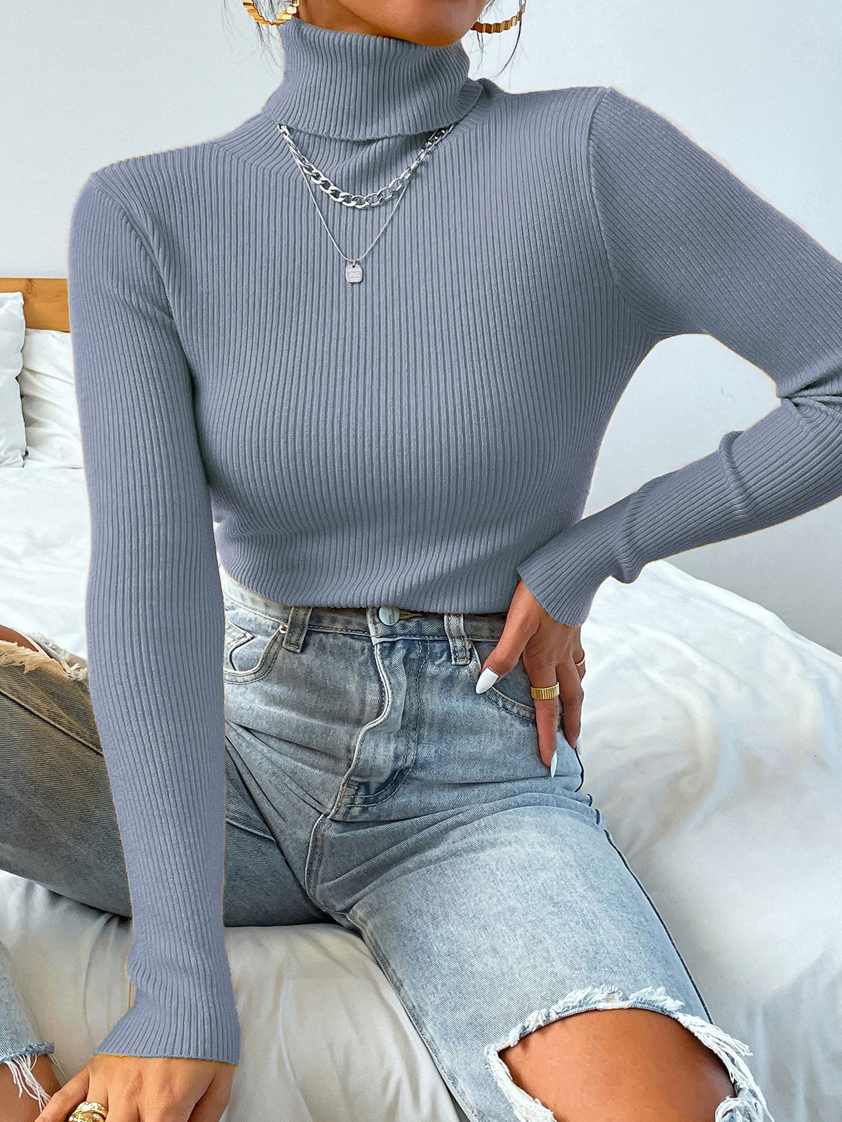 Turtleneck Long Sleeve Ribbed Knit Sweater - Dusty Blue / XL