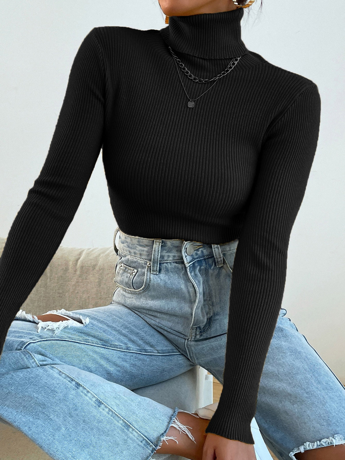 Turtleneck Long Sleeve Ribbed Knit Sweater - Black / XL