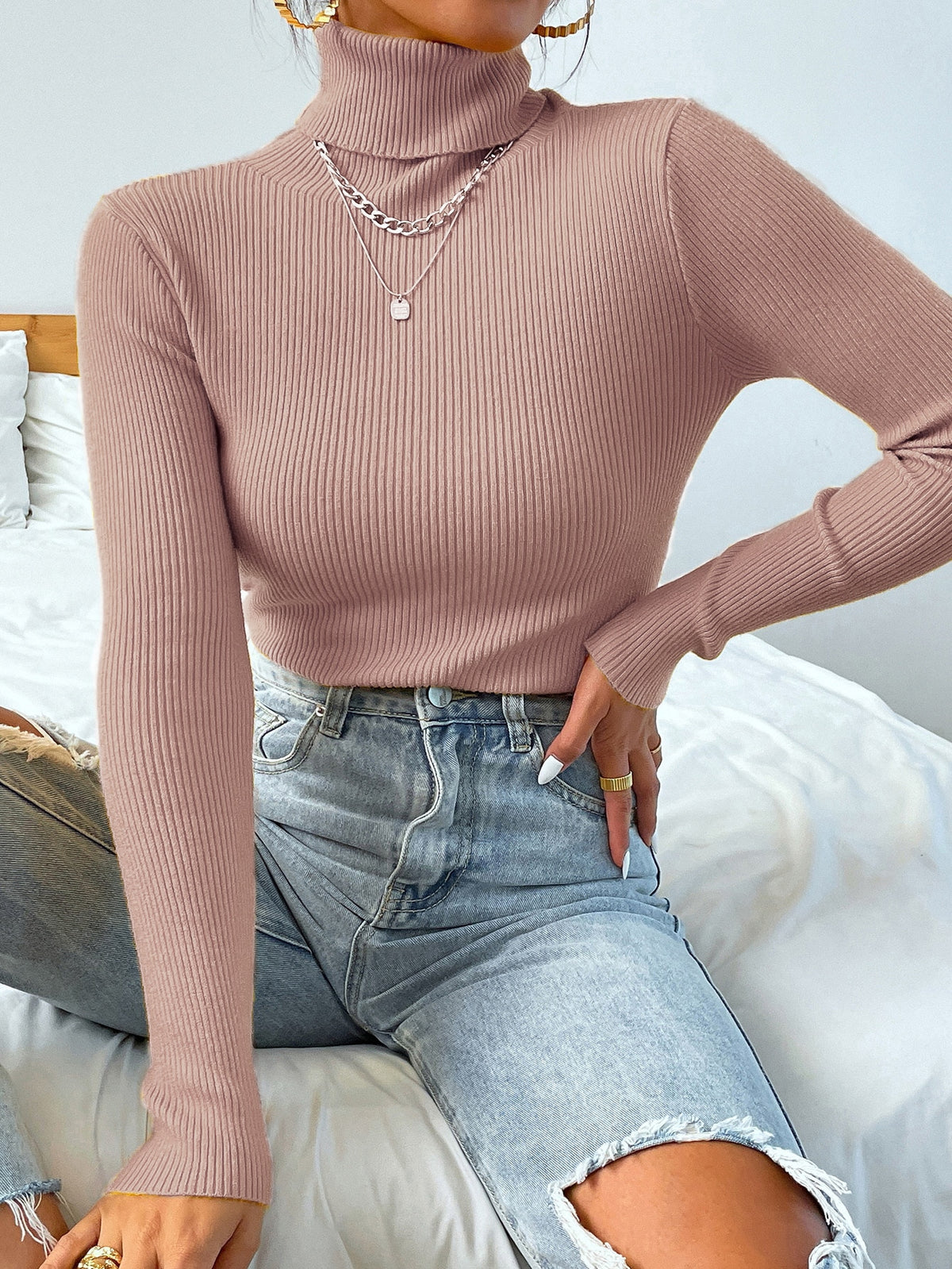Turtleneck Long Sleeve Ribbed Knit Sweater - Dusty Pink / XL