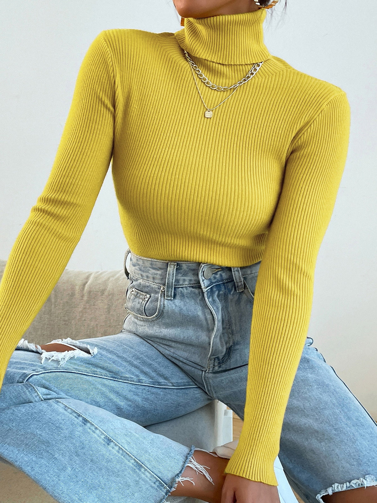 Turtleneck Long Sleeve Ribbed Knit Sweater - Yellow / XL