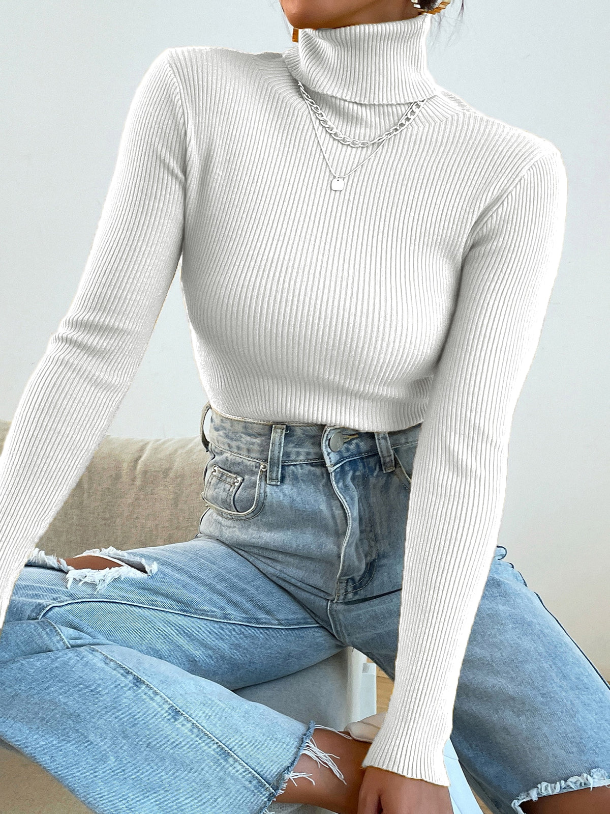 Turtleneck Long Sleeve Ribbed Knit Sweater - White / XL