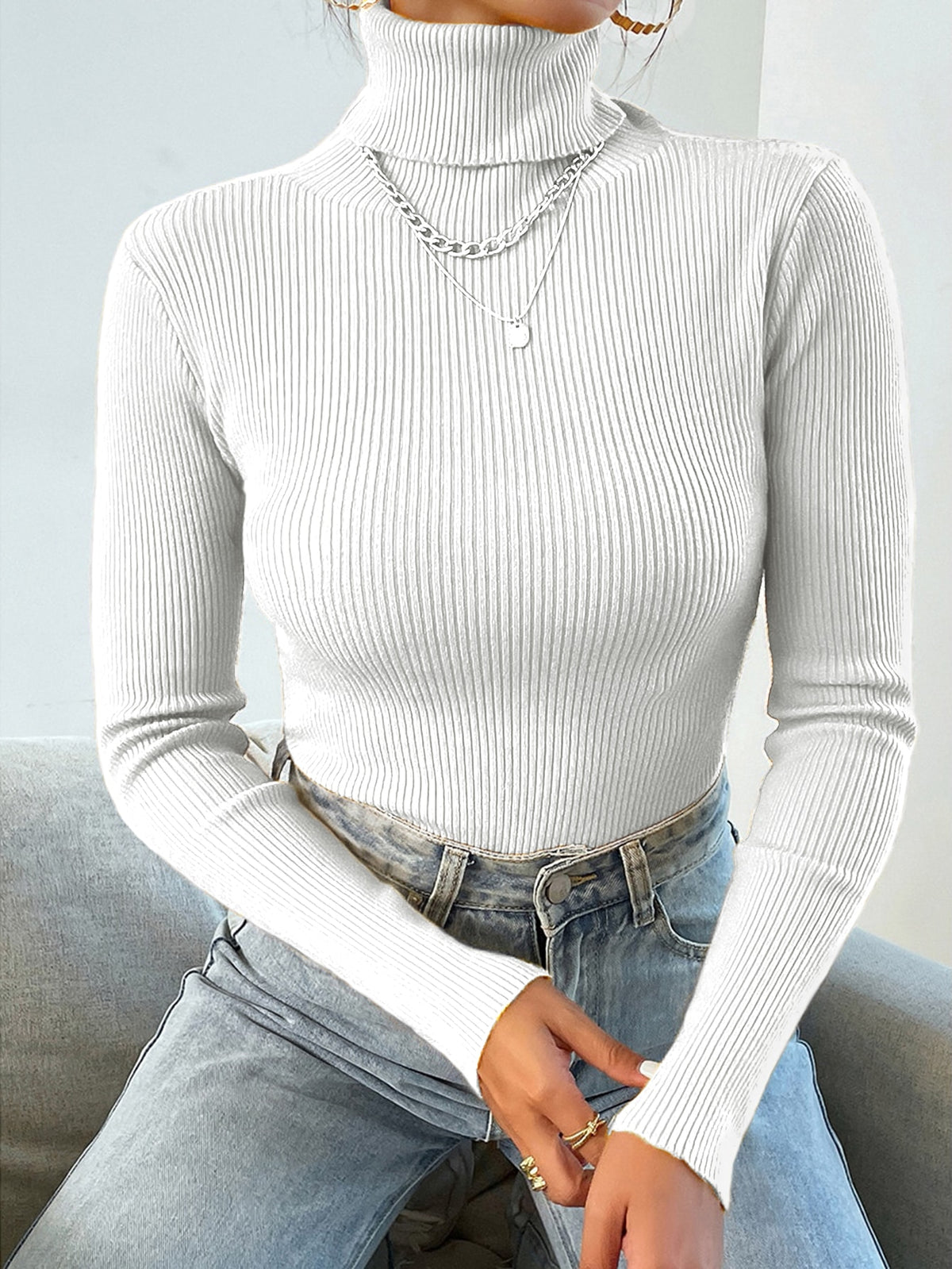 Turtleneck Long Sleeve Ribbed Knit Sweater - 