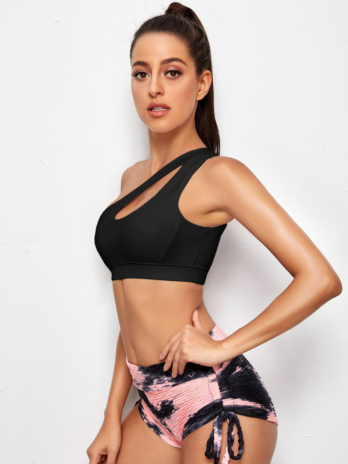 Ladies One Shoulder Side Cut Out Sports Bra, TechPackTemplate