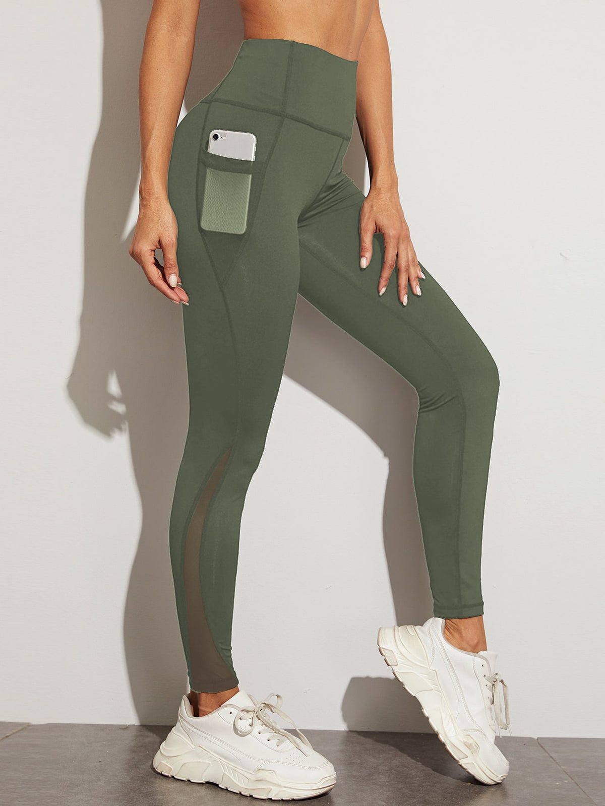 Mesh Panel with Side Pocket Leggings - Army Green / XL