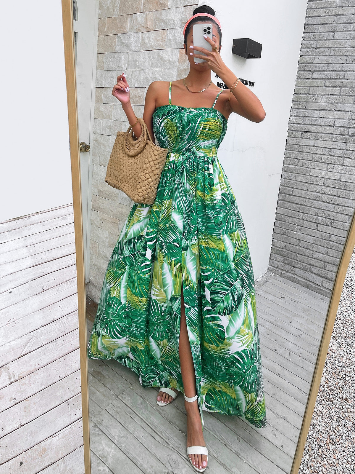 Shirred Cami Dress in Tropical Print - Green / L
