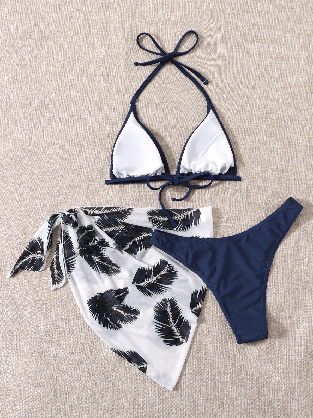 3 Piece Halter Bikini Swimsuit With Palm Print Beach Skirt