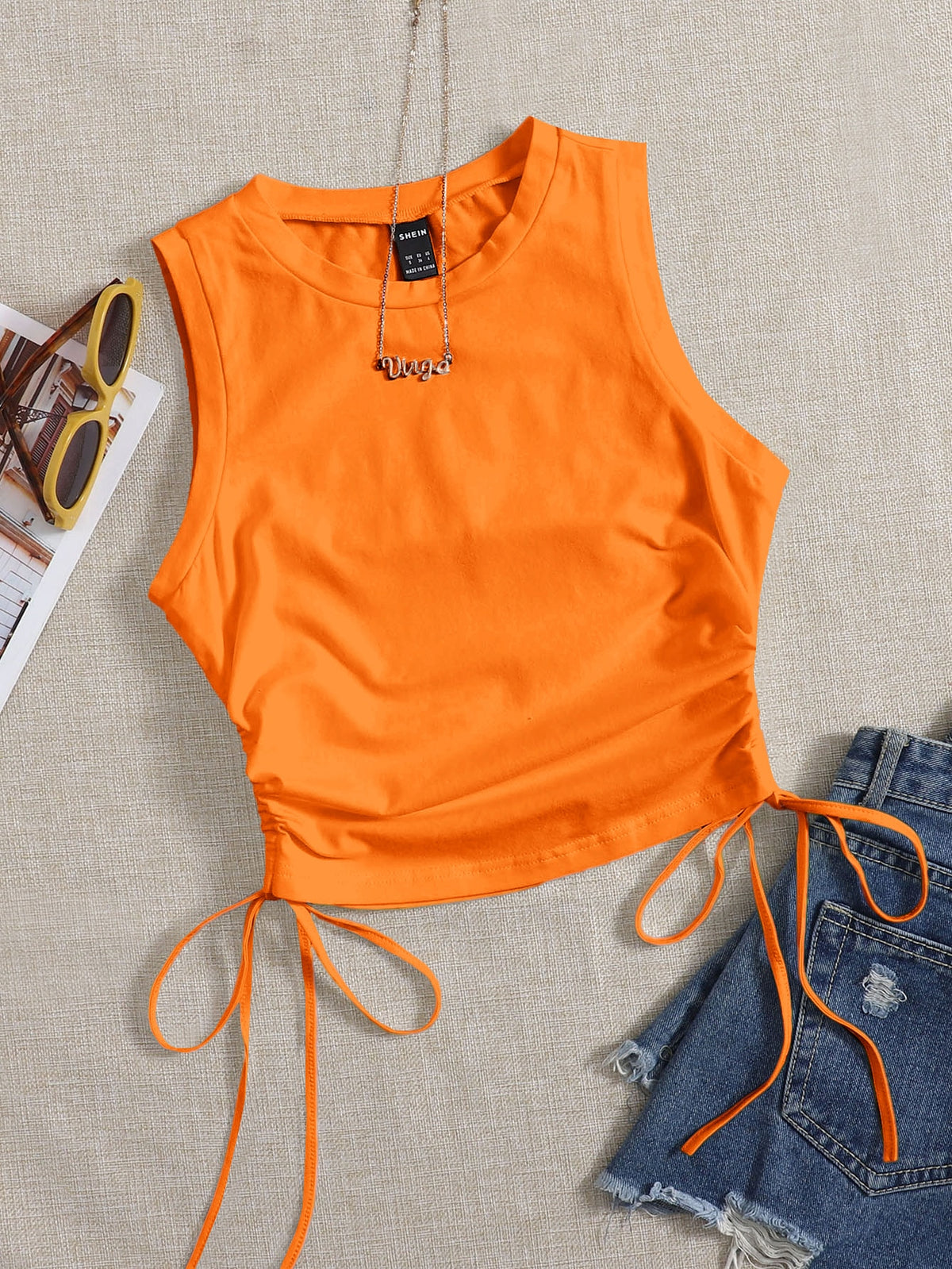 Crop Tank Top with Drawstring Side - 