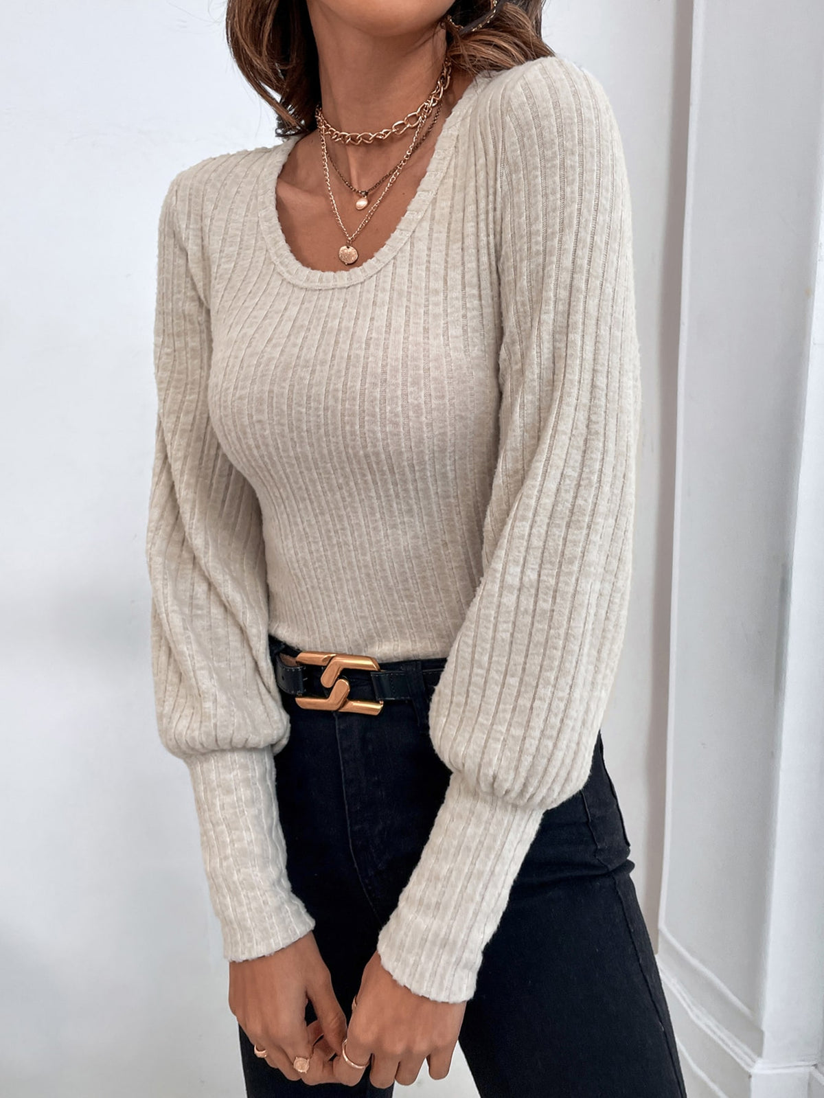 Ribbed Knit Tee with Lantern Sleeve
