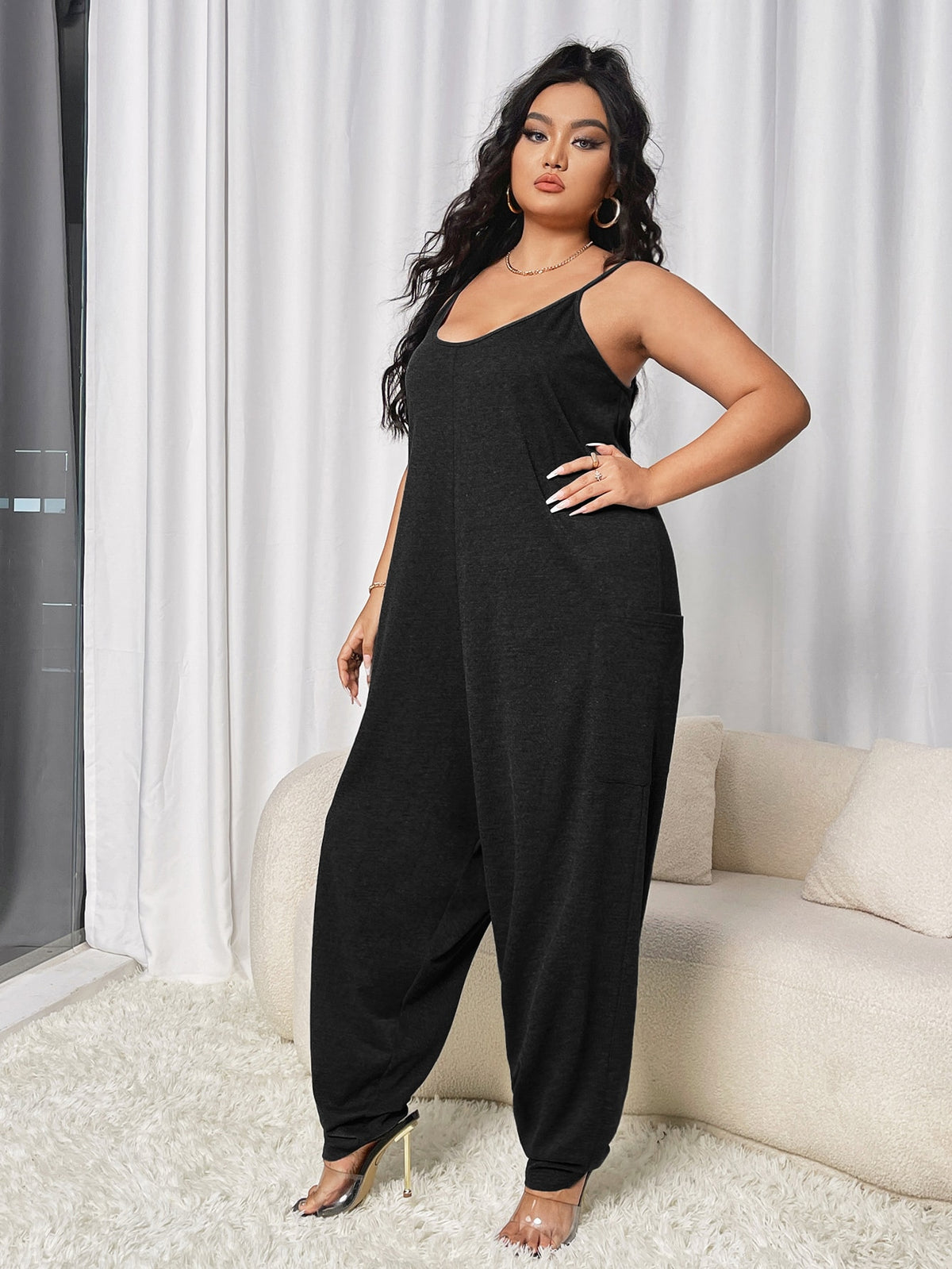Plus Loose Cami Jumpsuit with Dual Pockets - 