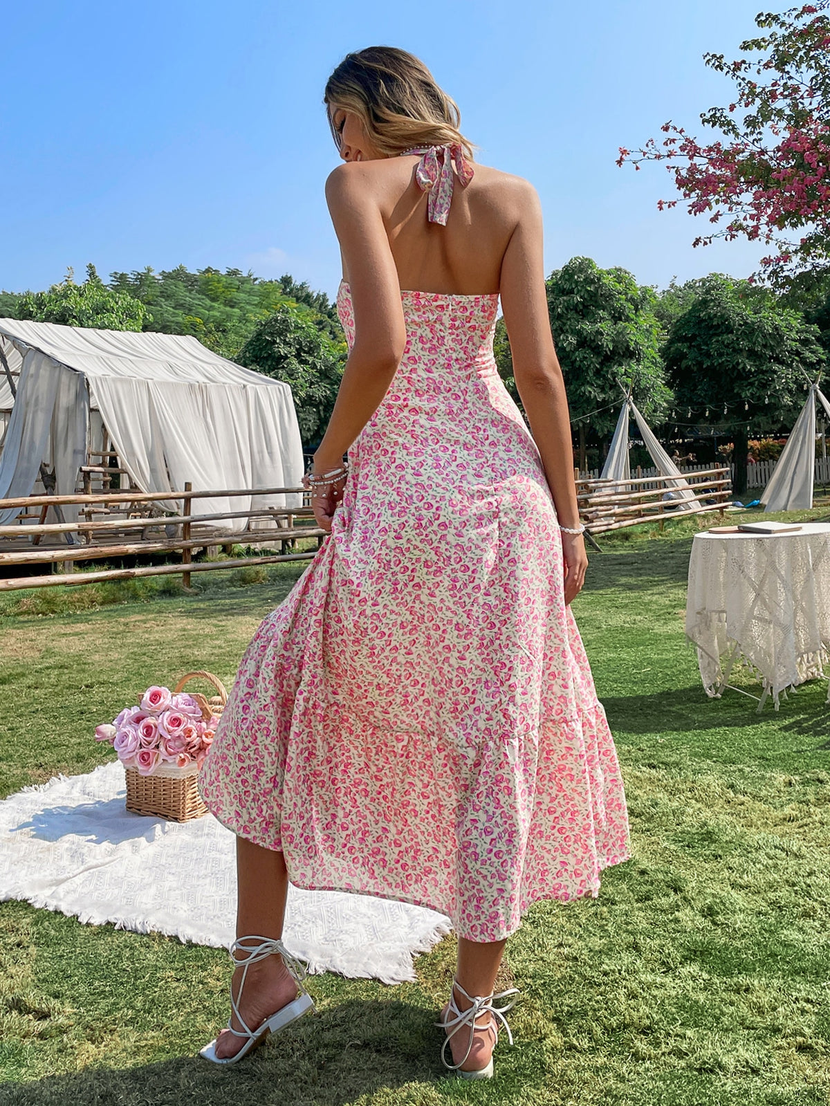 Floral Print A line Dress with Shirred Ruched Bust | Pomona and Peach Multicolor / XS Floral Print A line Dress with Shirred Ruched Bust | Pomona and Peach Multicolor / XS