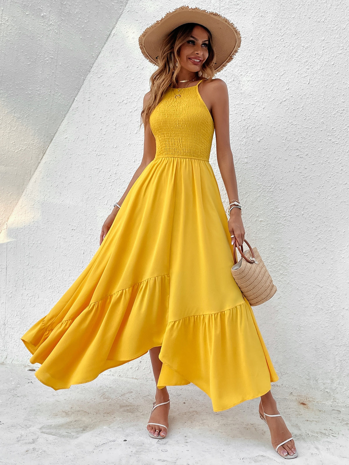 Shirred Cami Dress with Hanky Hem - Yellow / XL