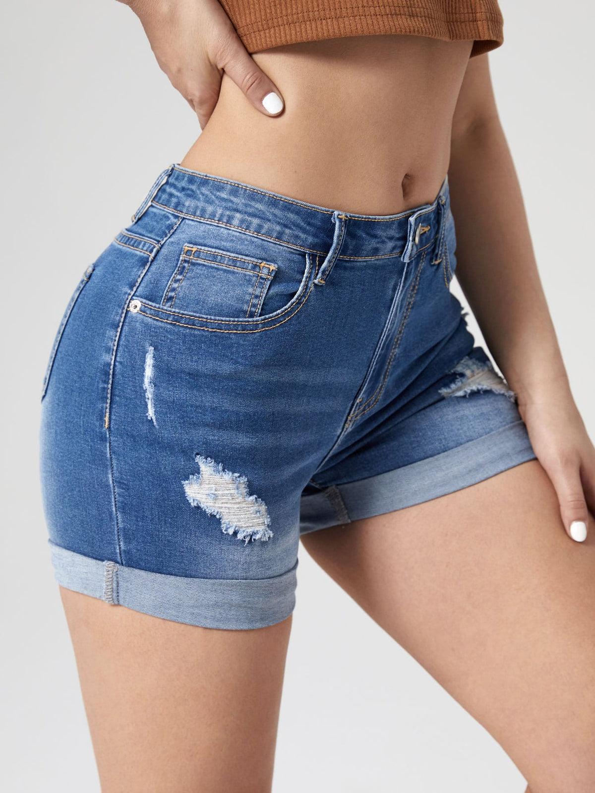 Ripped Denim Shorts with Roll Up Hem - 