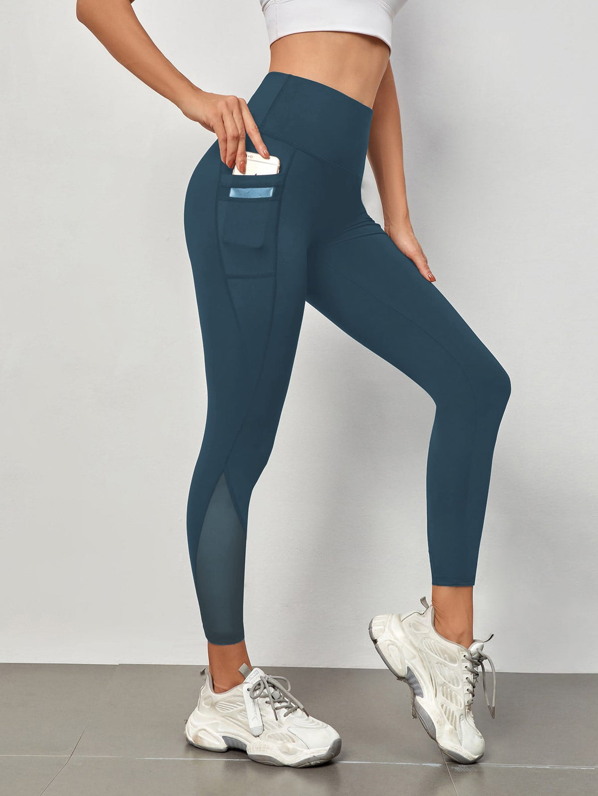 Mesh Panels Sports Leggings With Phone Pocket - Teal Blue / XL
