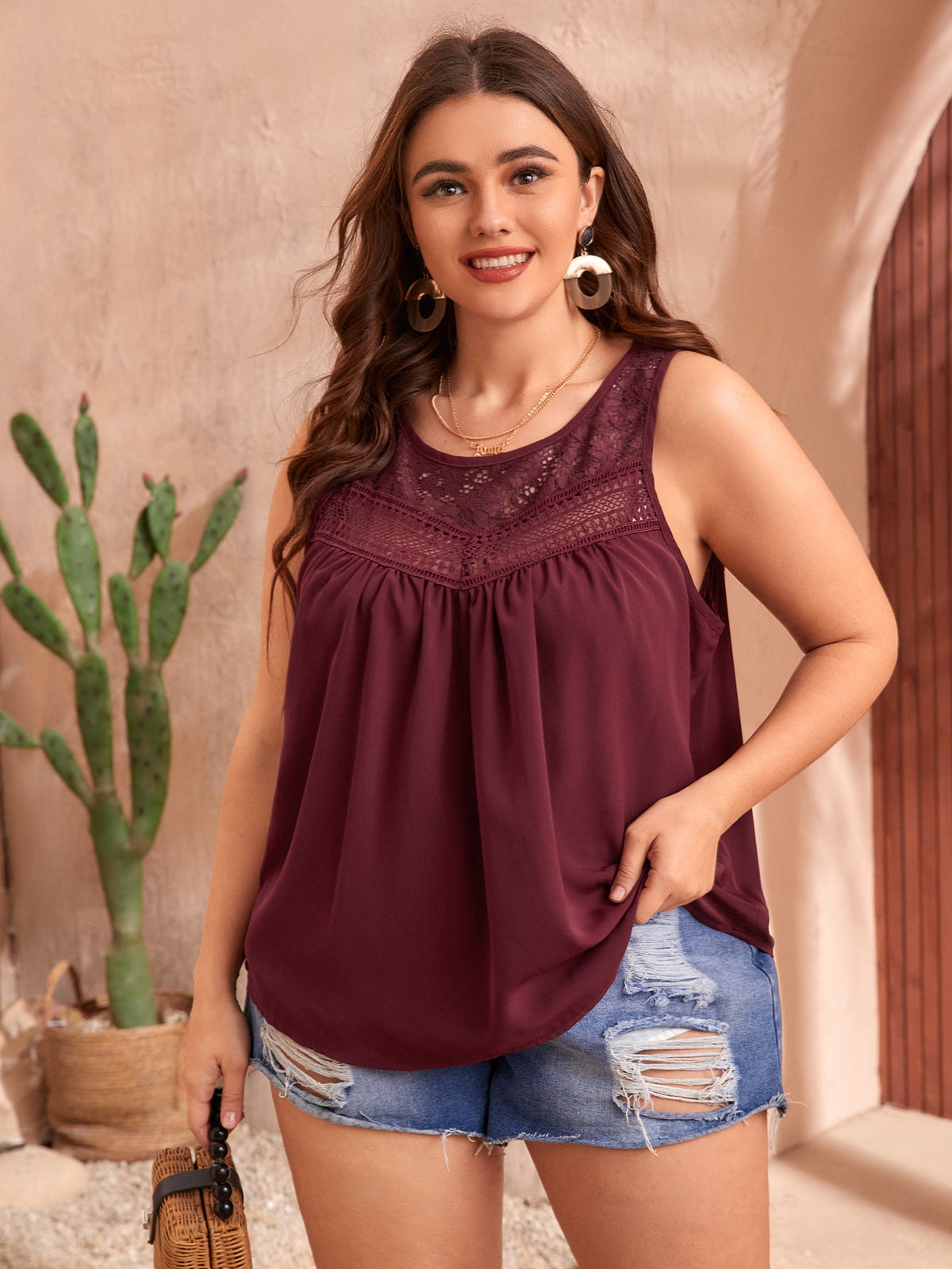 Plus Tank Top with Lace Insert - Maroon / 4XL