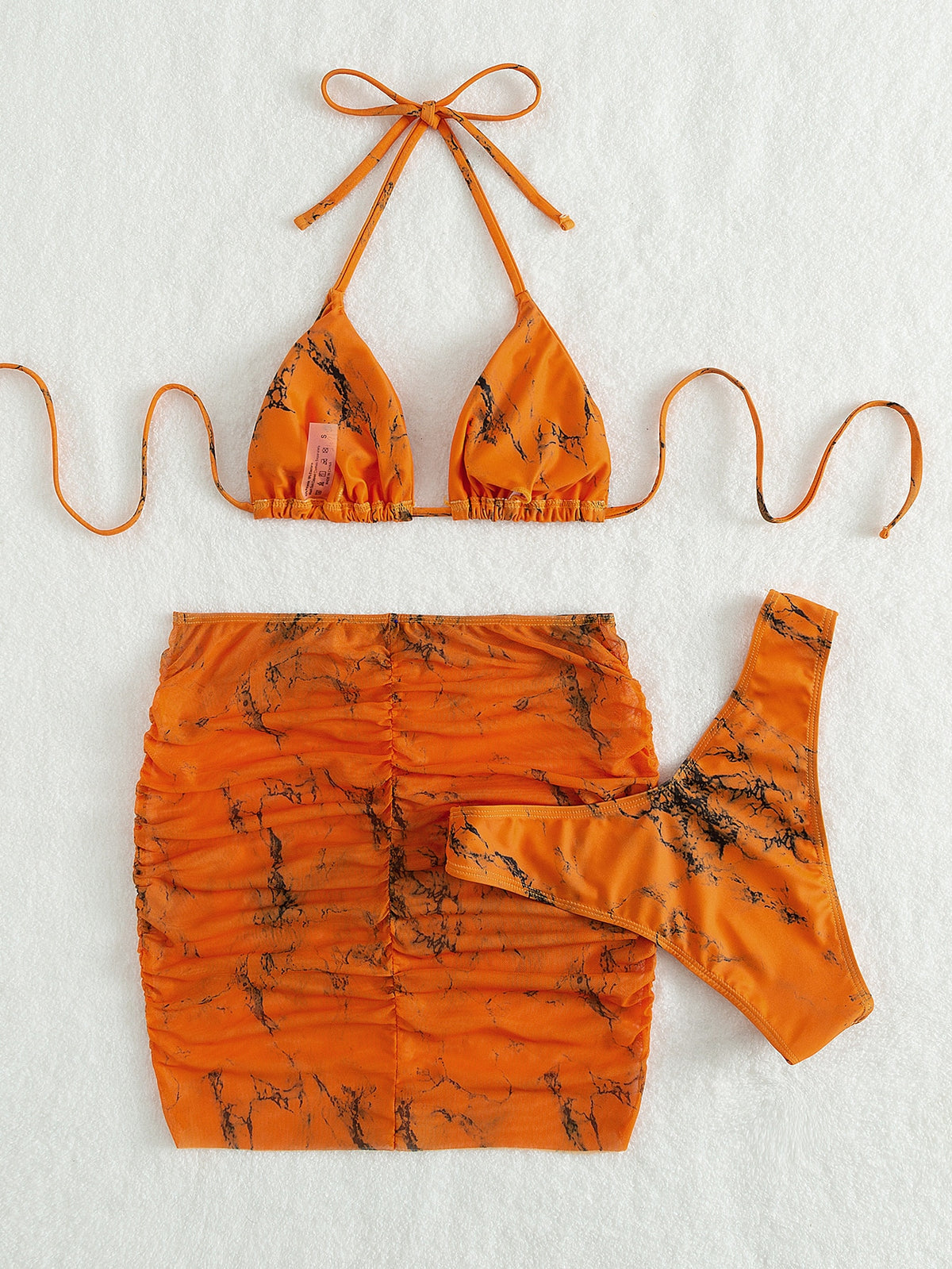 3 Piece Bikini Swimsuit with Beach Skirt in Marble Print