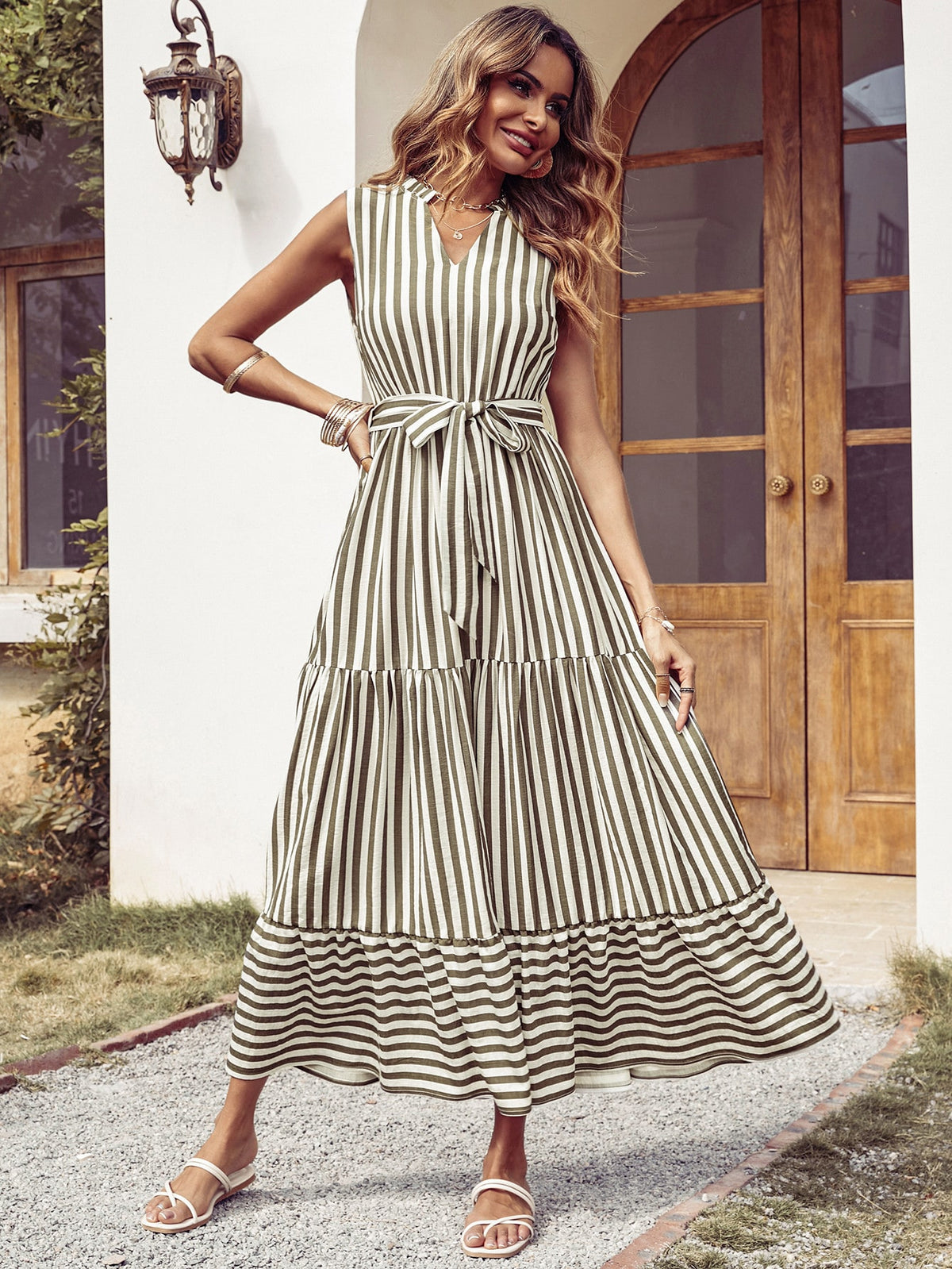 Striped Dress Belted with Ruffle Hem - 