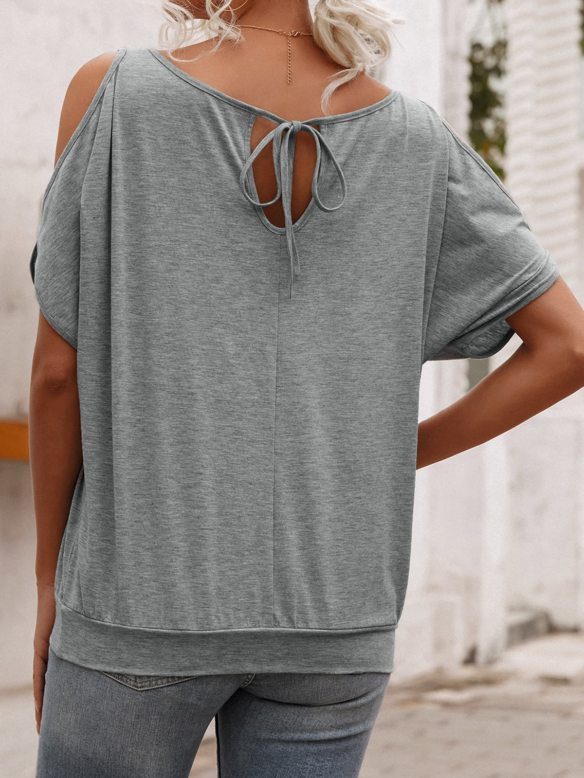 Cold Shoulder Tee with Tie Back - 