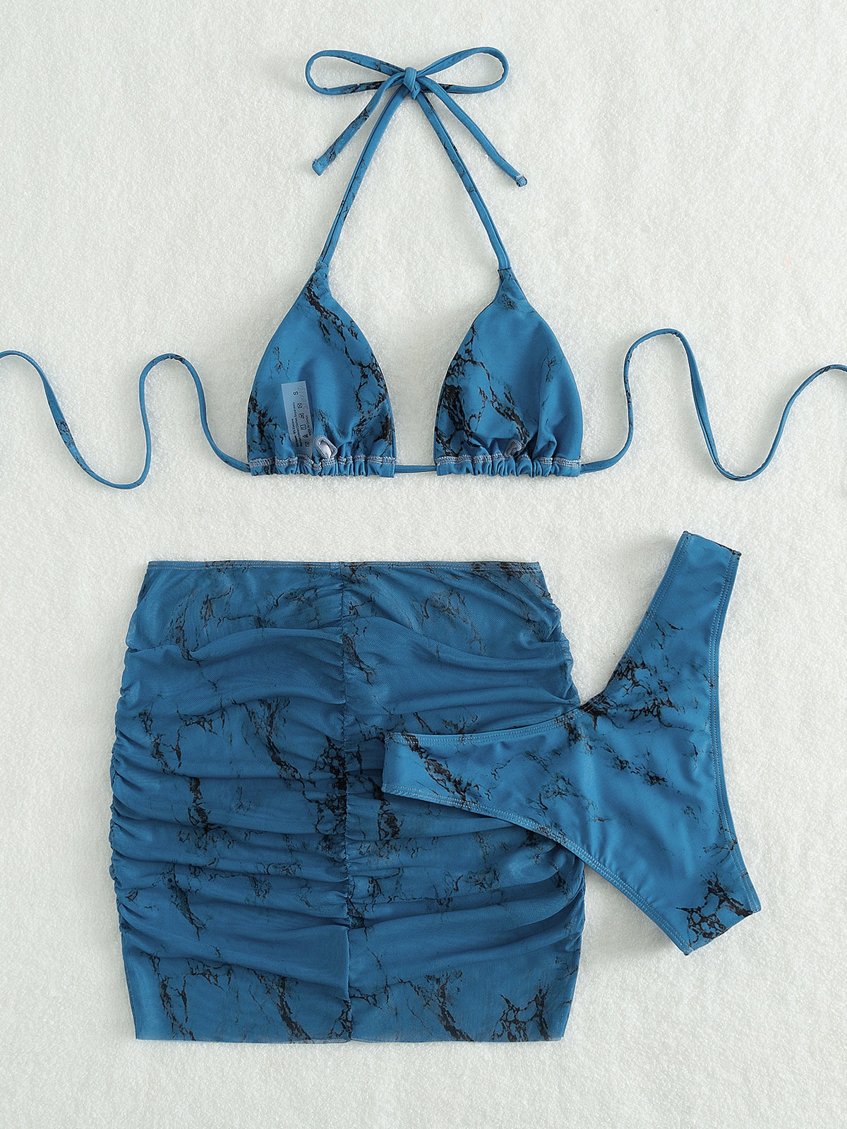 3 Piece Bikini Swimsuit with Beach Skirt in Marble Print