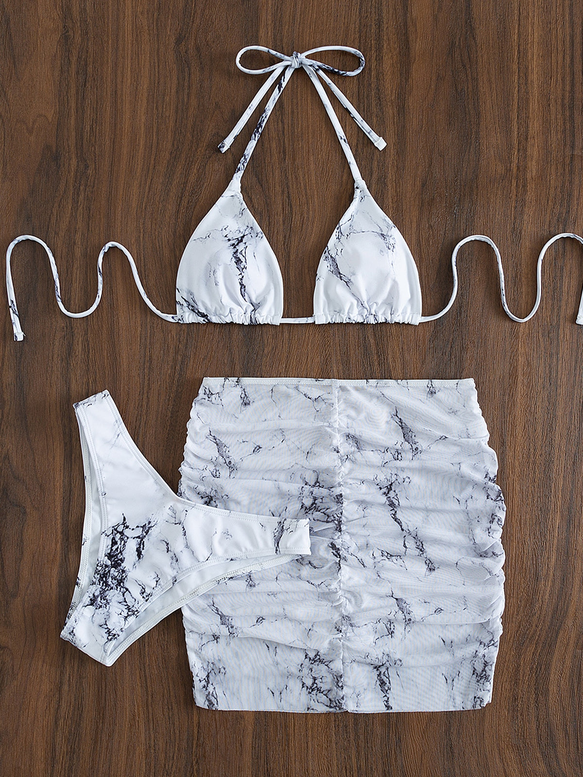 Halter Bikini Swimsuit With Beach Skirt in Marble Print