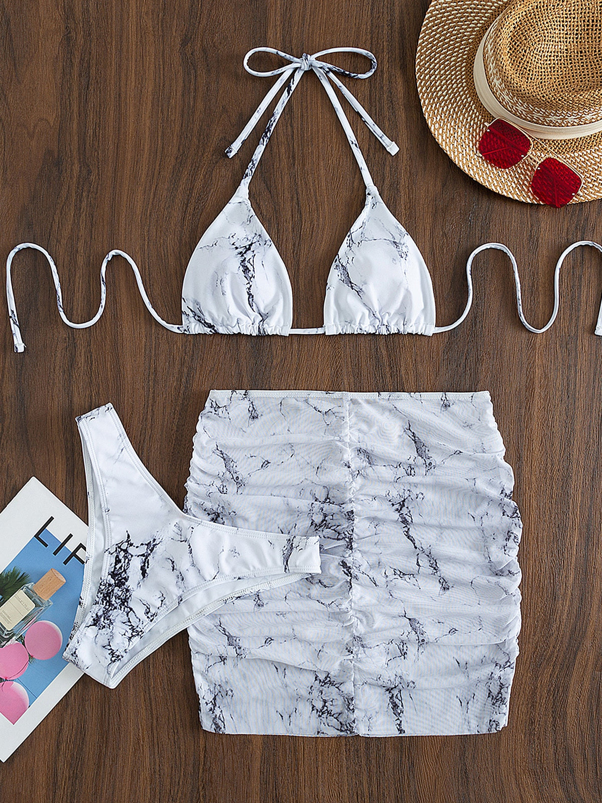 Halter Bikini Swimsuit With Beach Skirt in Marble Print
