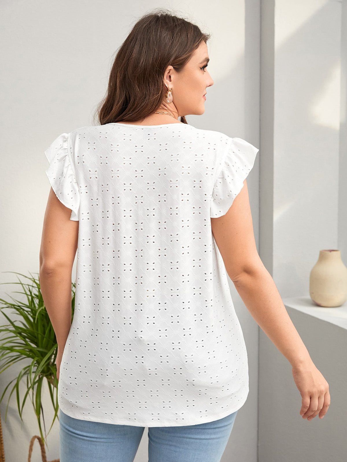 Plus Embroidered Eyelet Blouse - 