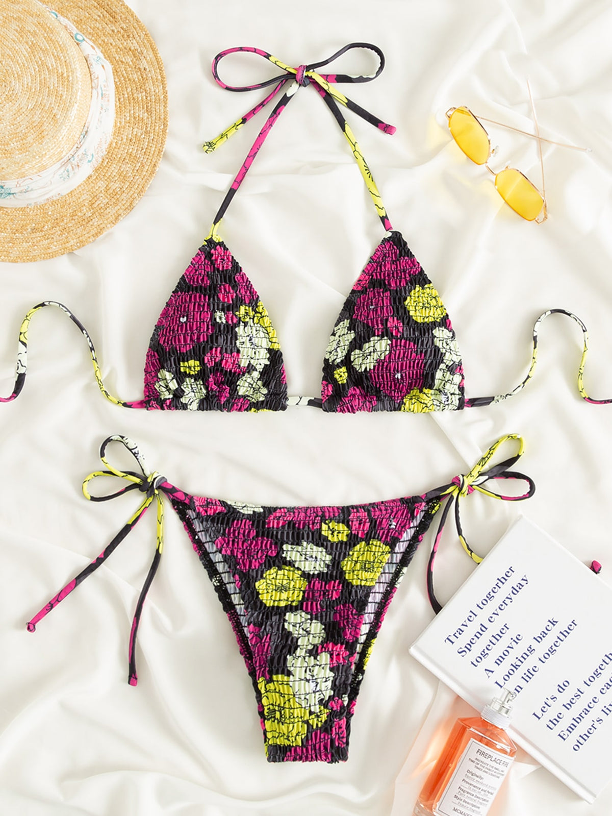 Floral Print String Tie Bikini Swimsuit - Multicolor-8 / L
