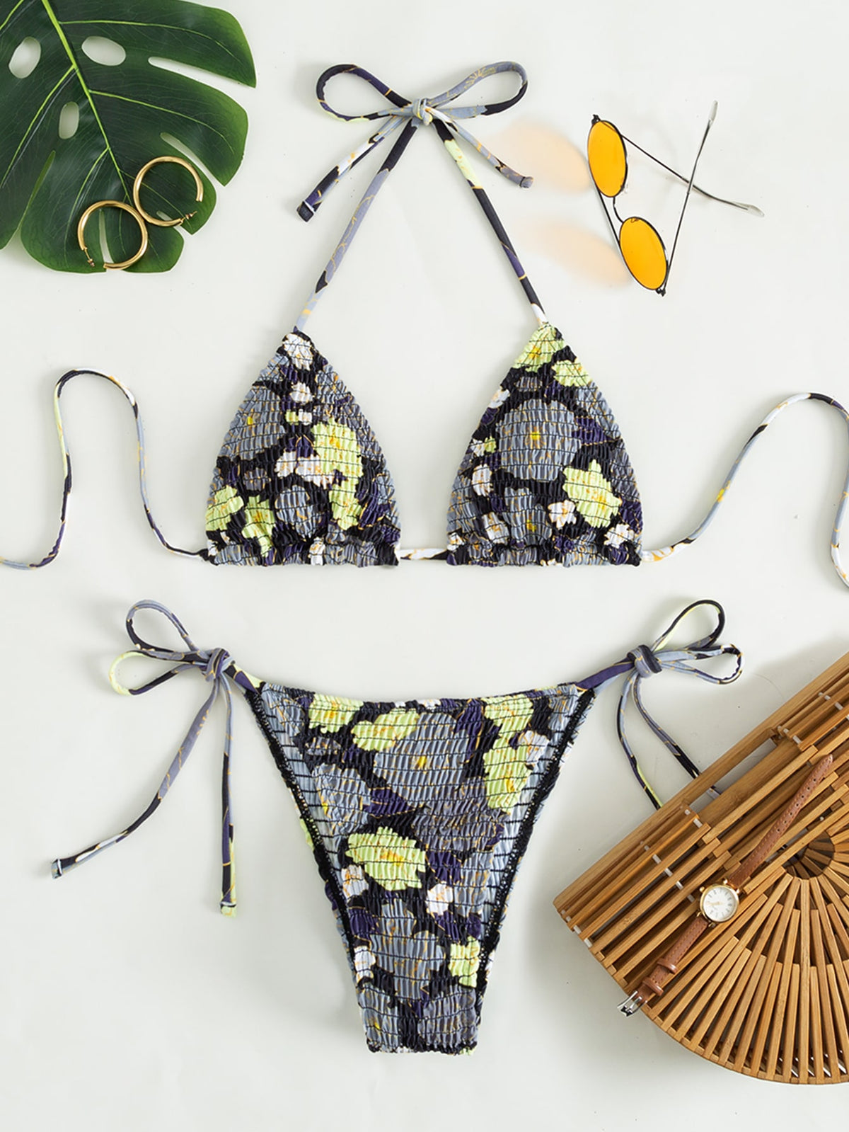 Floral Print String Tie Bikini Swimsuit - Multicolor-9 / L