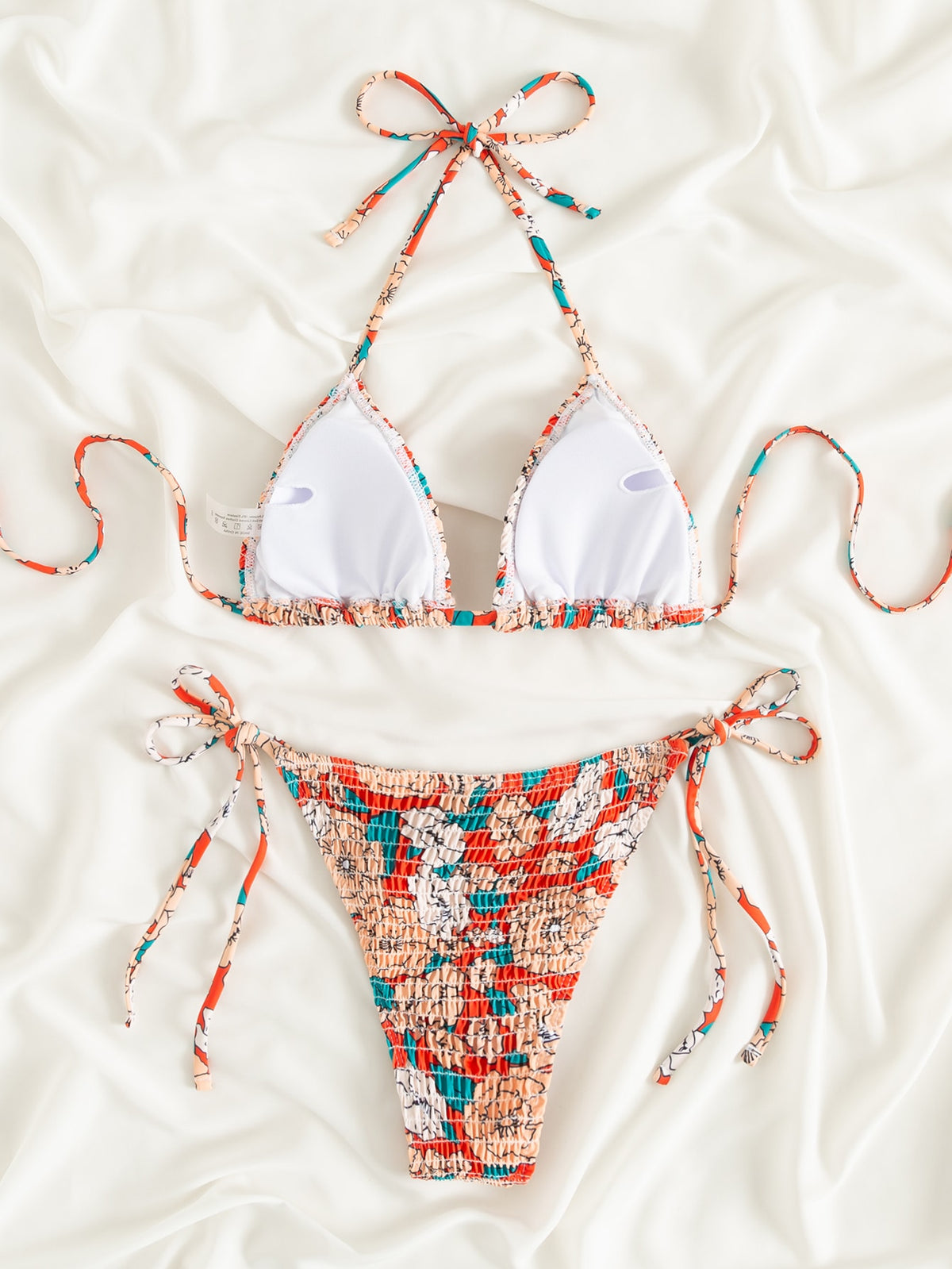 Floral Print String Tie Bikini Swimsuit - 