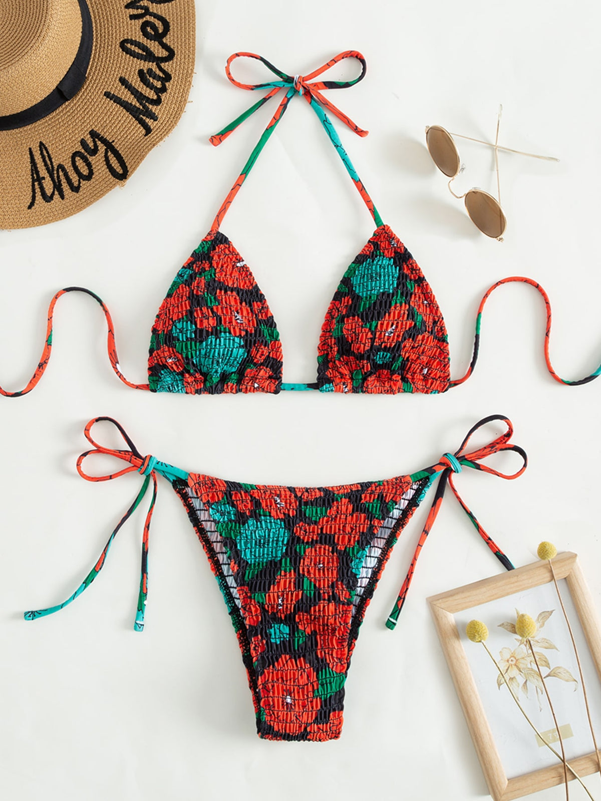 Floral Print String Tie Bikini Swimsuit - Multicolor-7 / L