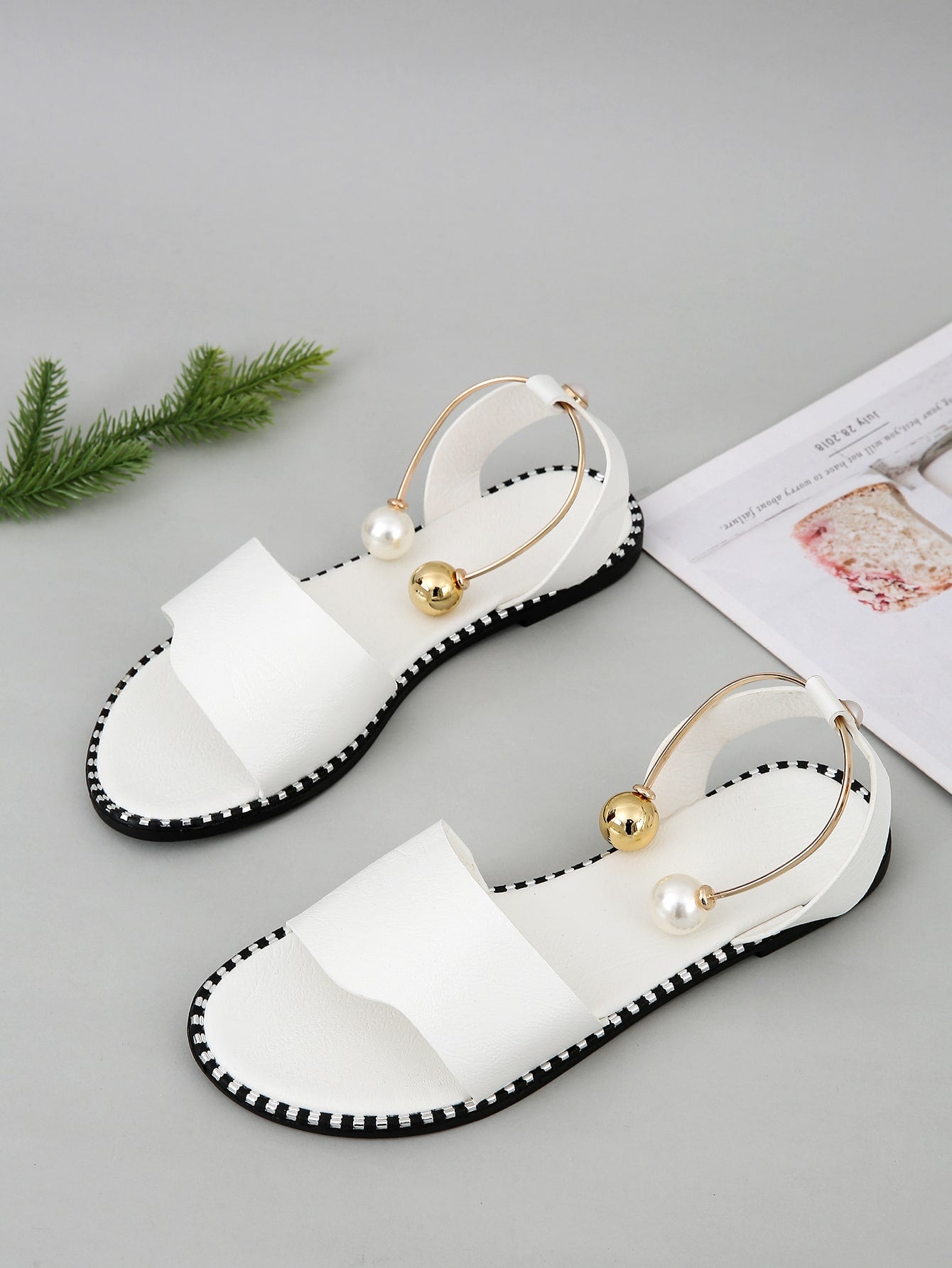 Women's Faux Leather Open Toe Sandal with Pearl Accent