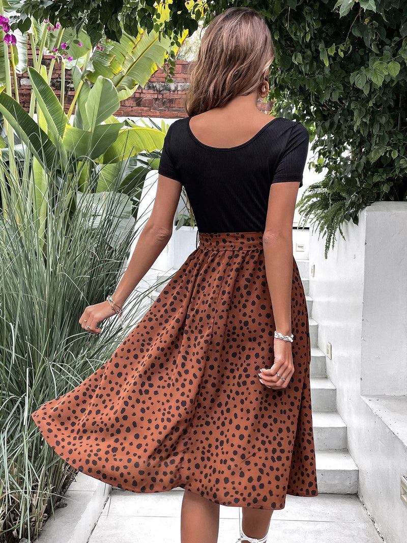 Dotted Print Belted Dress - 