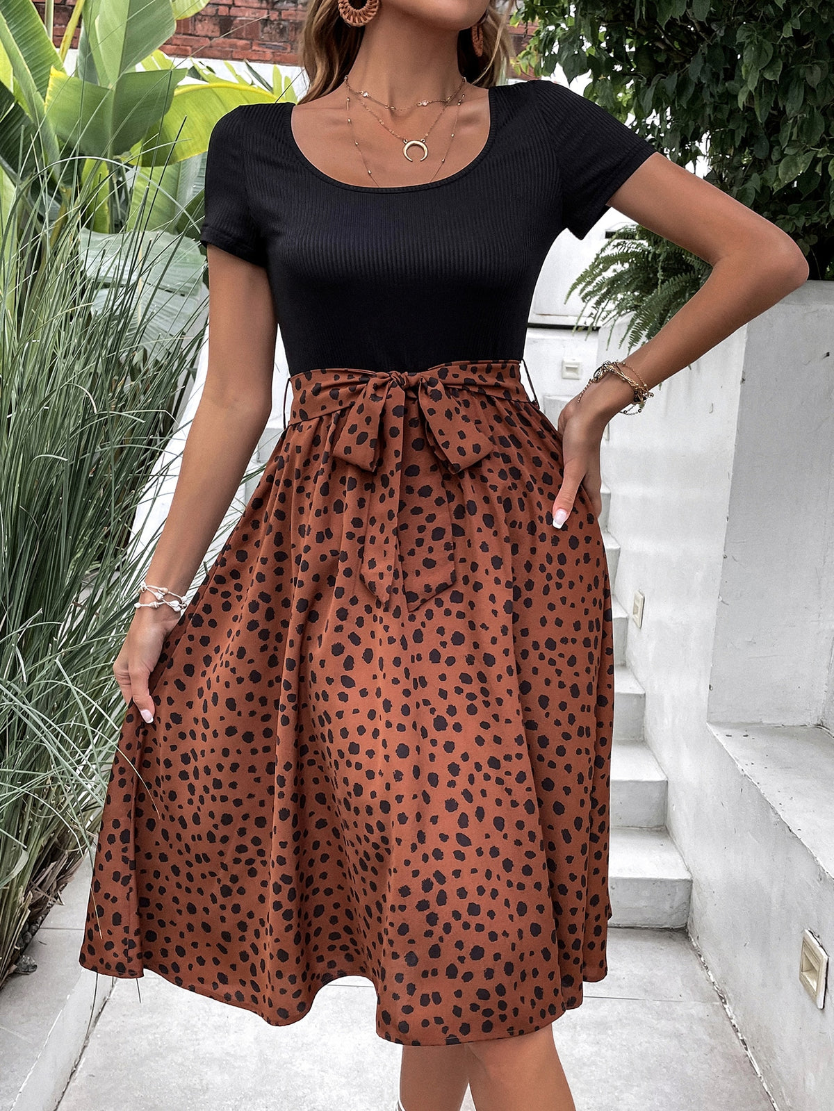 Dotted Print Belted Dress - 